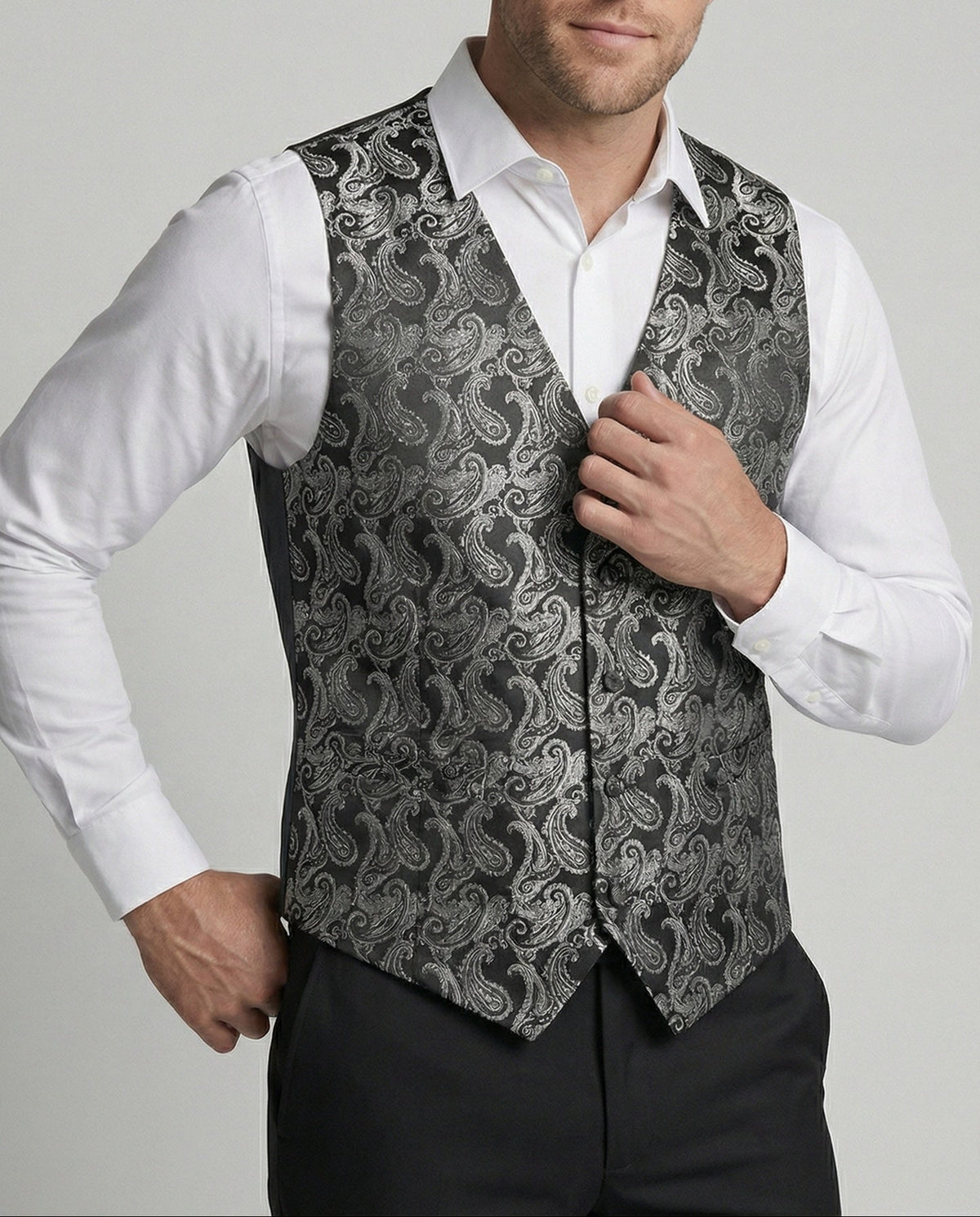 Chaleco estampado con escote en V para hombre con corbata a juego – Conjunto formal de corte ajustado para bodas y eventos nocturnos