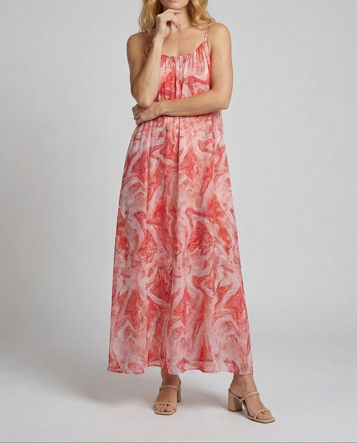 Women’s Loose Printed Maxi Dress with Gathered Neckline – Spaghetti Strap Summer Style for Holidays