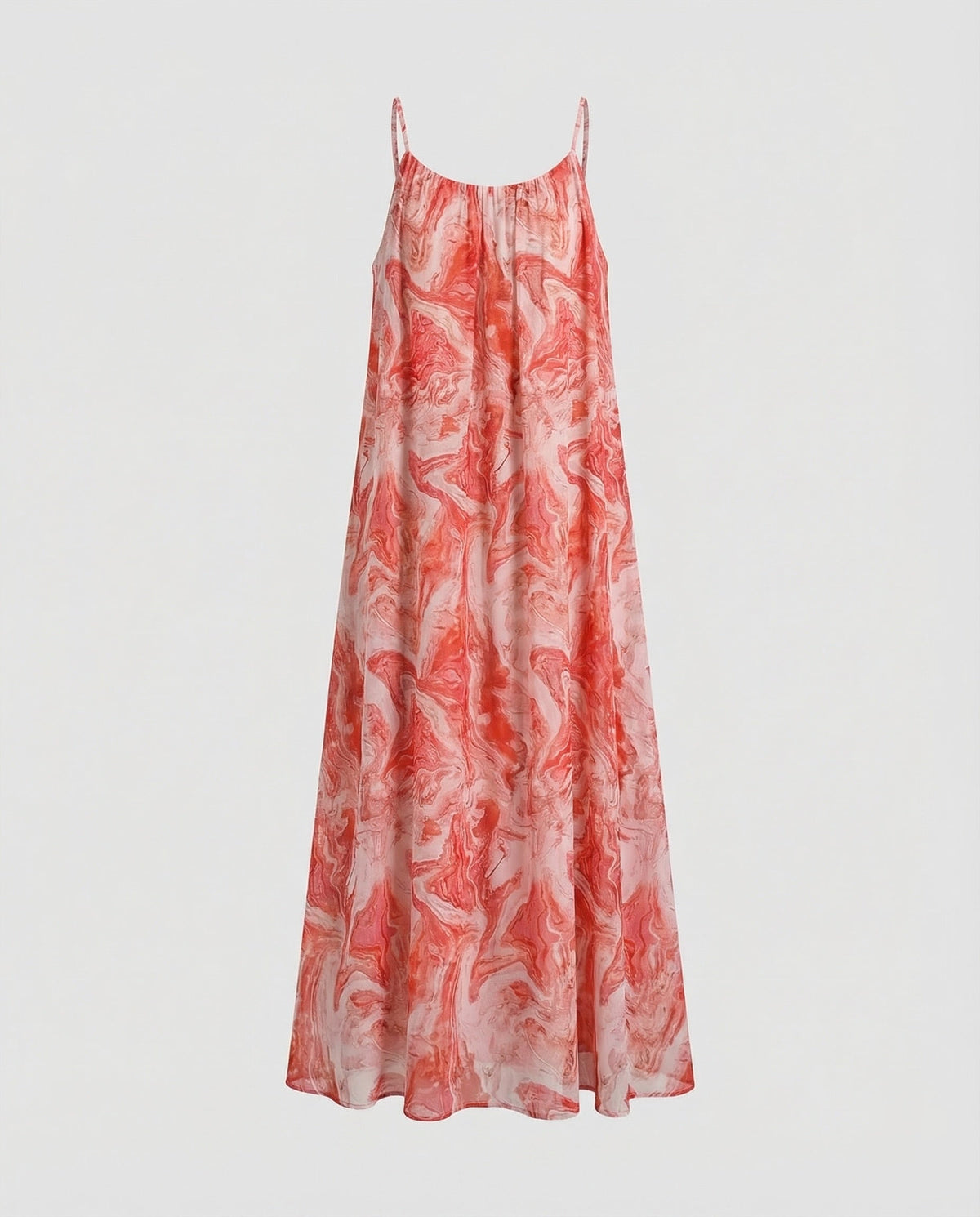 Women’s Loose Printed Maxi Dress with Gathered Neckline – Spaghetti Strap Summer Style for Holidays