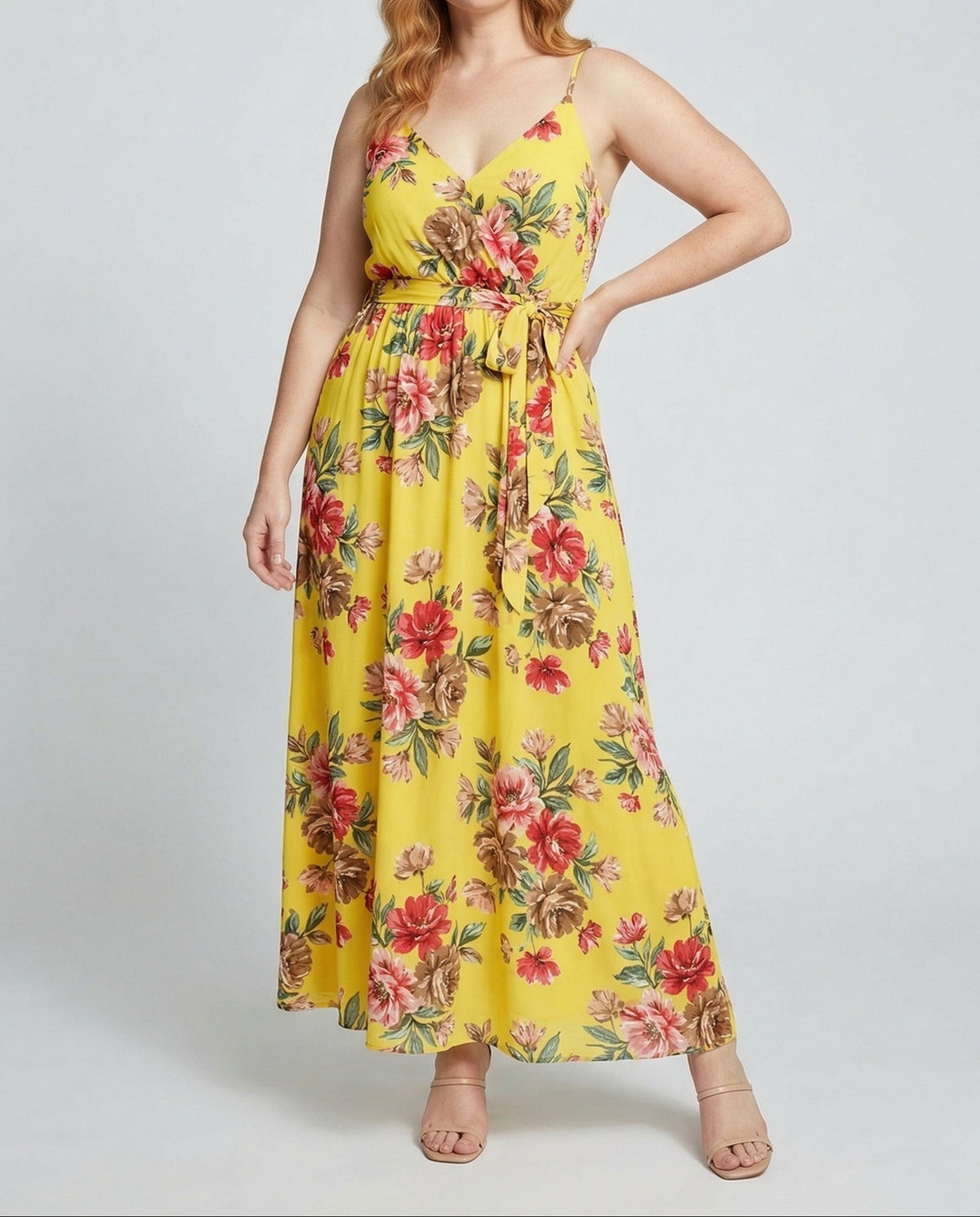 Vestido largo estampado para mujer con escote cruzado y cintura anudada – Estilo veraniego de tirantes para las vacaciones