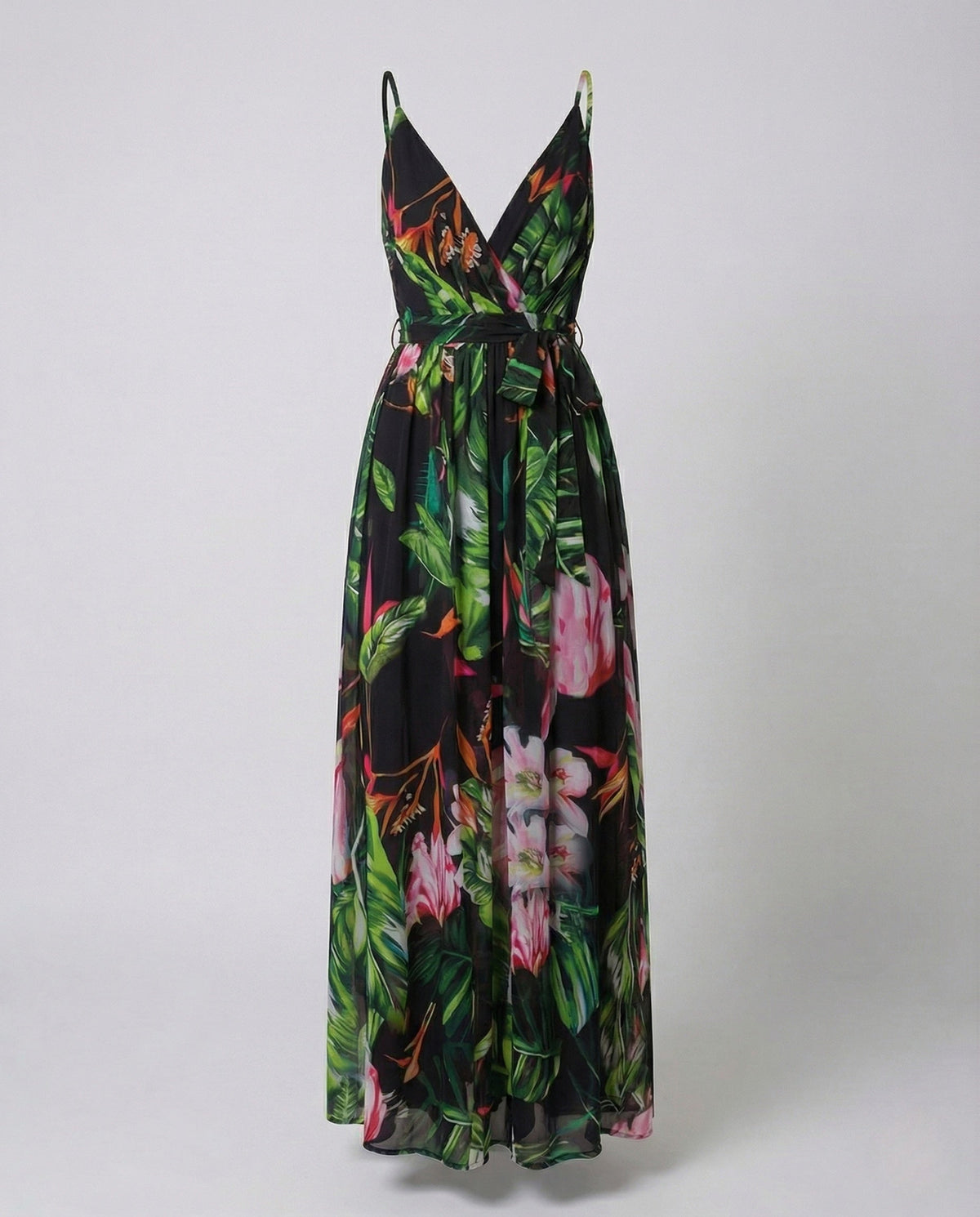 Vestido largo estampado para mujer con escote cruzado y cintura anudada – Estilo veraniego de tirantes para las vacaciones