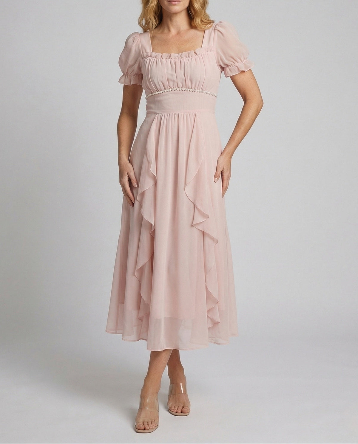 Vestido midi de gasa para mujer con mangas abullonadas y volantes en cascada – Escote cuadrado para invitadas de boda