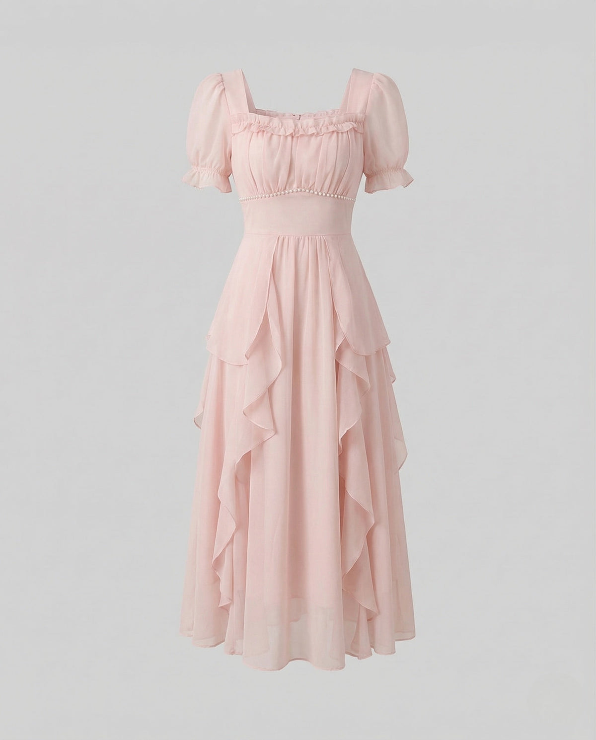 Vestido midi de gasa para mujer con mangas abullonadas y volantes en cascada – Escote cuadrado para invitadas de boda