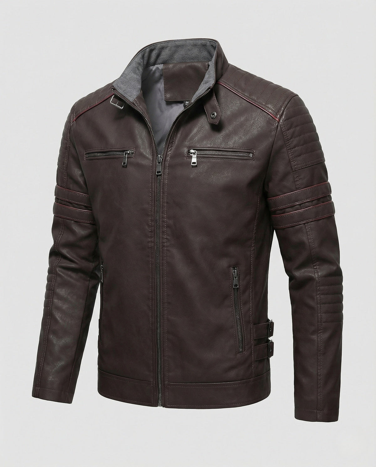 Veste de motard en similicuir pour homme avec épaules matelassées – Coupe ajustée zippée avec pattes de serrage réglables à la taille