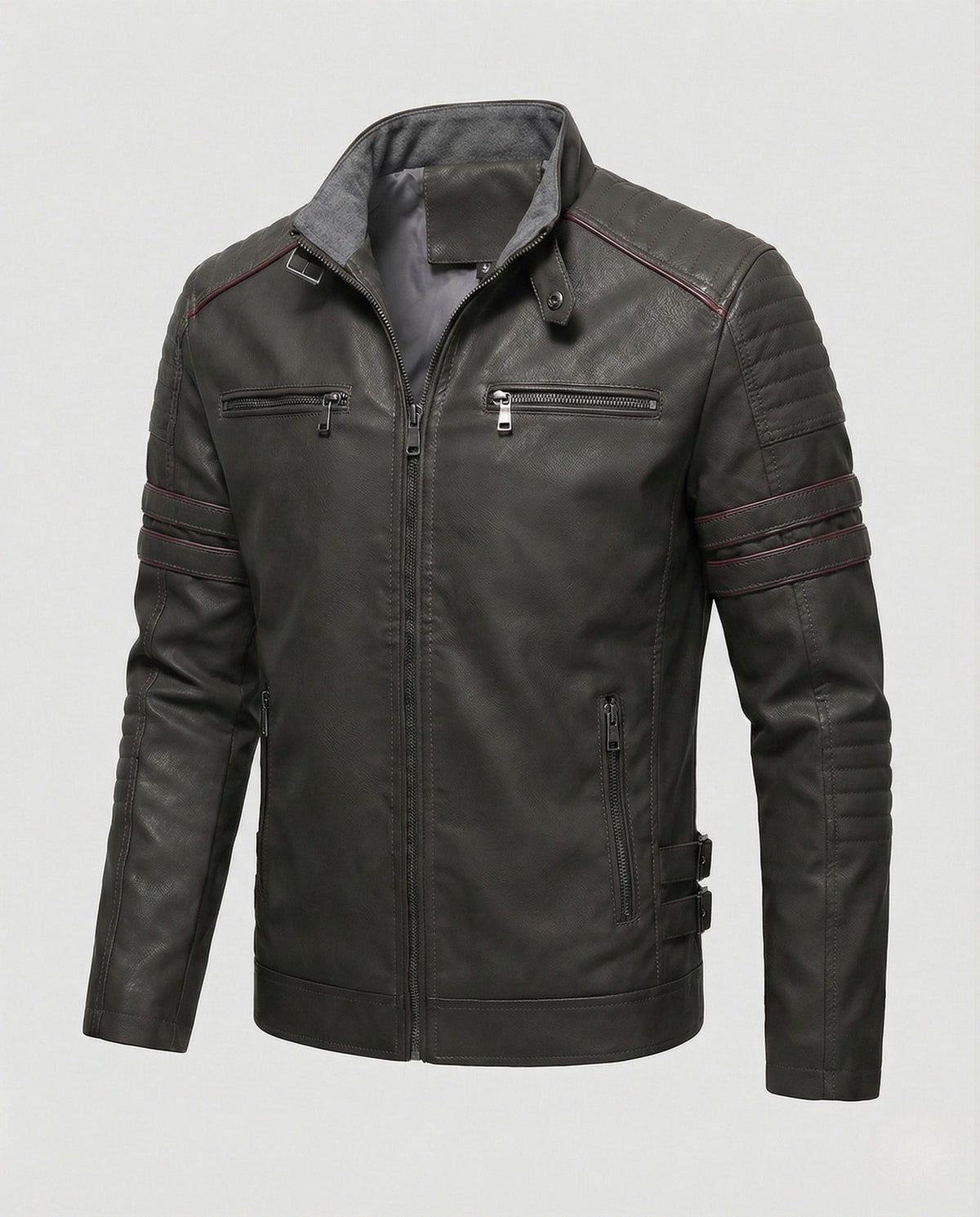 Veste de motard en similicuir pour homme avec épaules matelassées – Coupe ajustée zippée avec pattes de serrage réglables à la taille