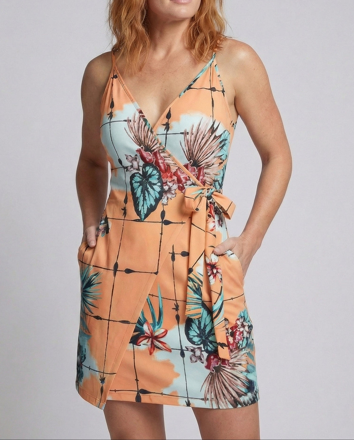 Women’s Printed Wrap Style Mini Dress with Side Tie and Pockets – Strappy Summer Holiday Outfit