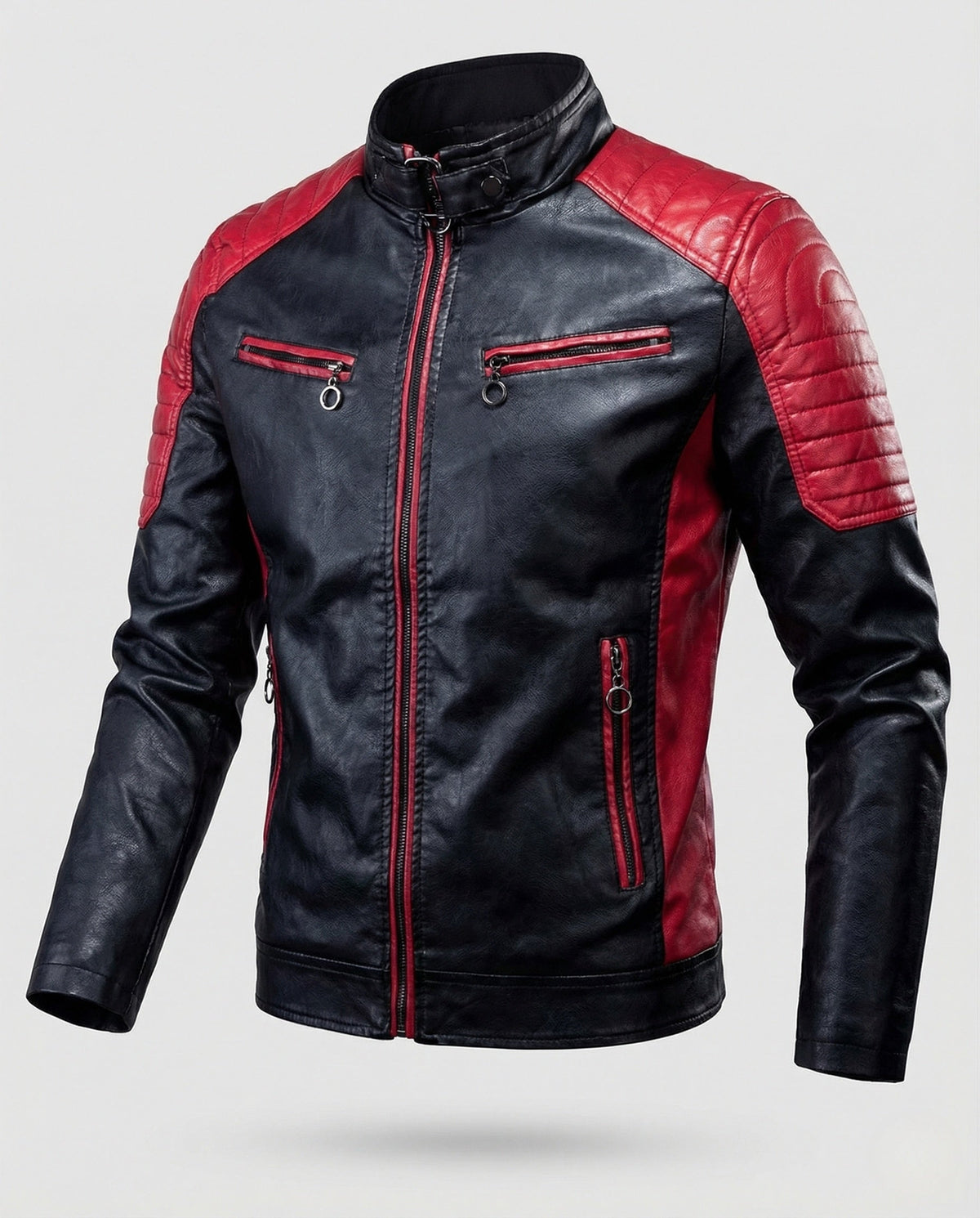 Ανδρικό biker μπουφάν σε στενή γραμμή, με όψη δέρματος και καπιτονέ τμήματα – Με όρθιο γιακά και φερμουάρ, για χαλαρές βραδινές εμφανίσεις