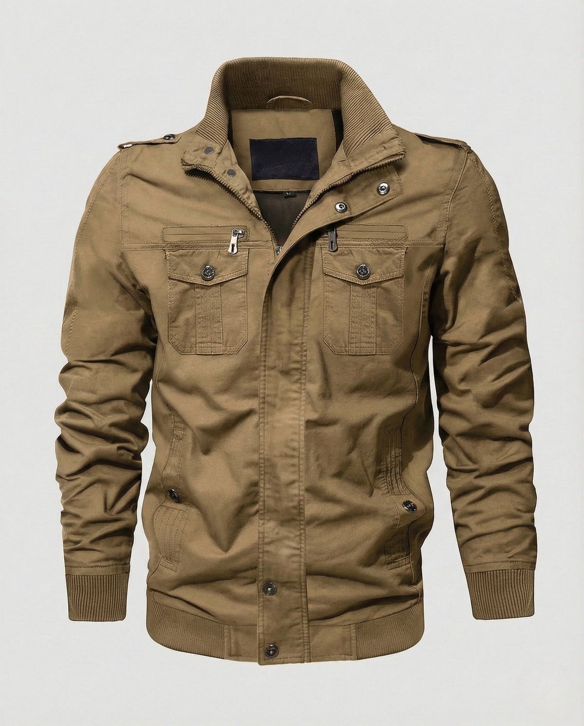 Chaqueta bomber utilitaria para hombre con cuello alto y bolsillos en el pecho - Prenda de inspiración militar para entretiempo