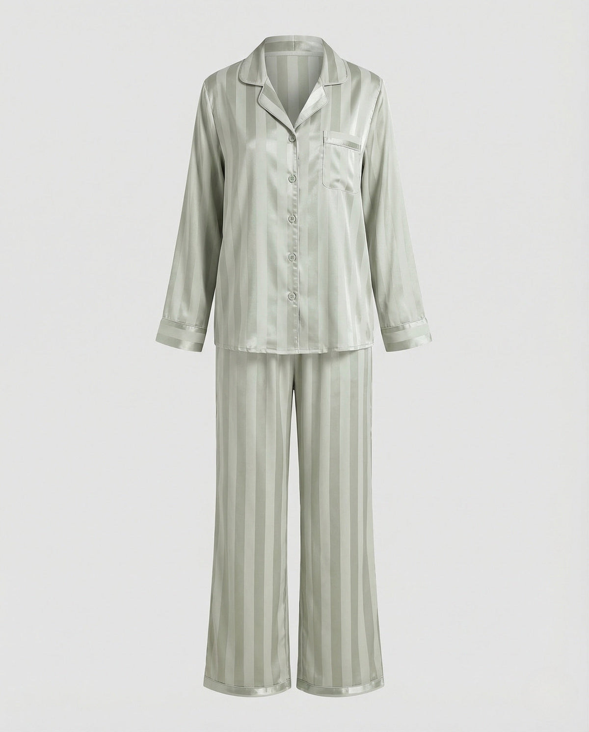 Women’s Satin Finish Pyjama Set with Button Front Shirt – Relaxed Long Sleeve Nightwear with Full Length Trousers