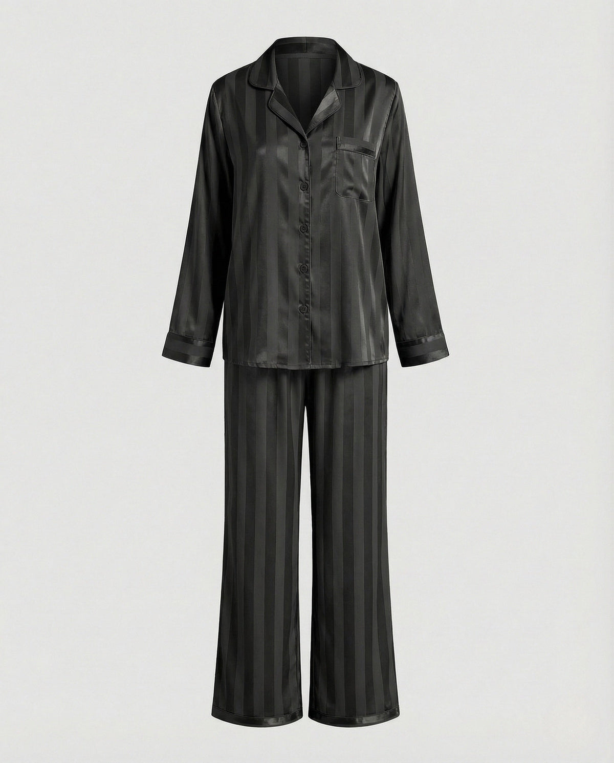 Women’s Satin Finish Pyjama Set with Button Front Shirt – Relaxed Long Sleeve Nightwear with Full Length Trousers