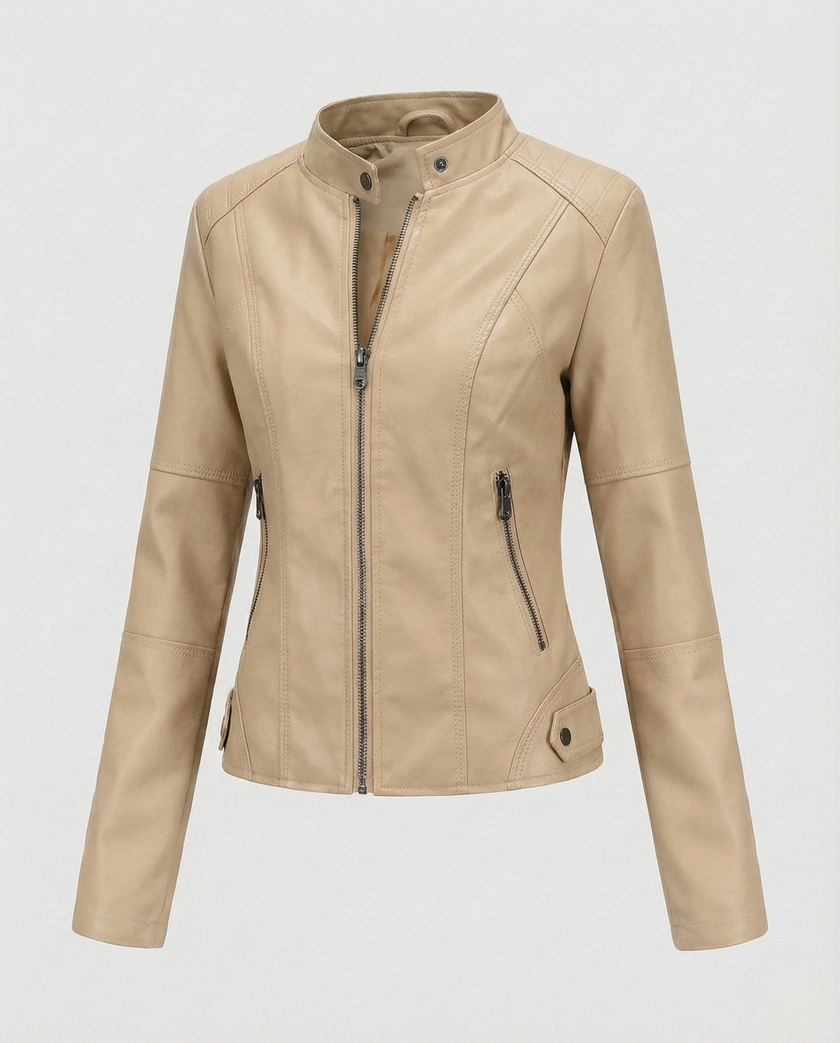 Chaqueta entallada de cuero sintético para mujer, con cuello alto y bolsillos con cremallera – prenda corta para primavera y otoño
