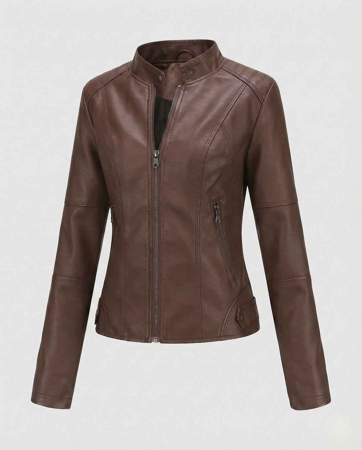 Chaqueta entallada de cuero sintético para mujer, con cuello alto y bolsillos con cremallera – prenda corta para primavera y otoño