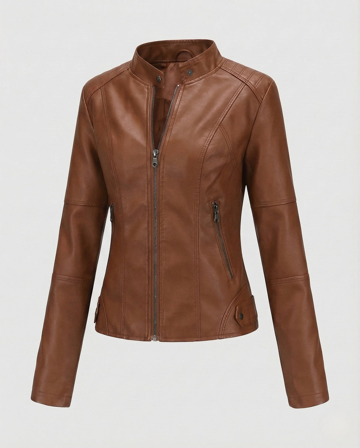 Chaqueta entallada de cuero sintético para mujer, con cuello alto y bolsillos con cremallera – prenda corta para primavera y otoño