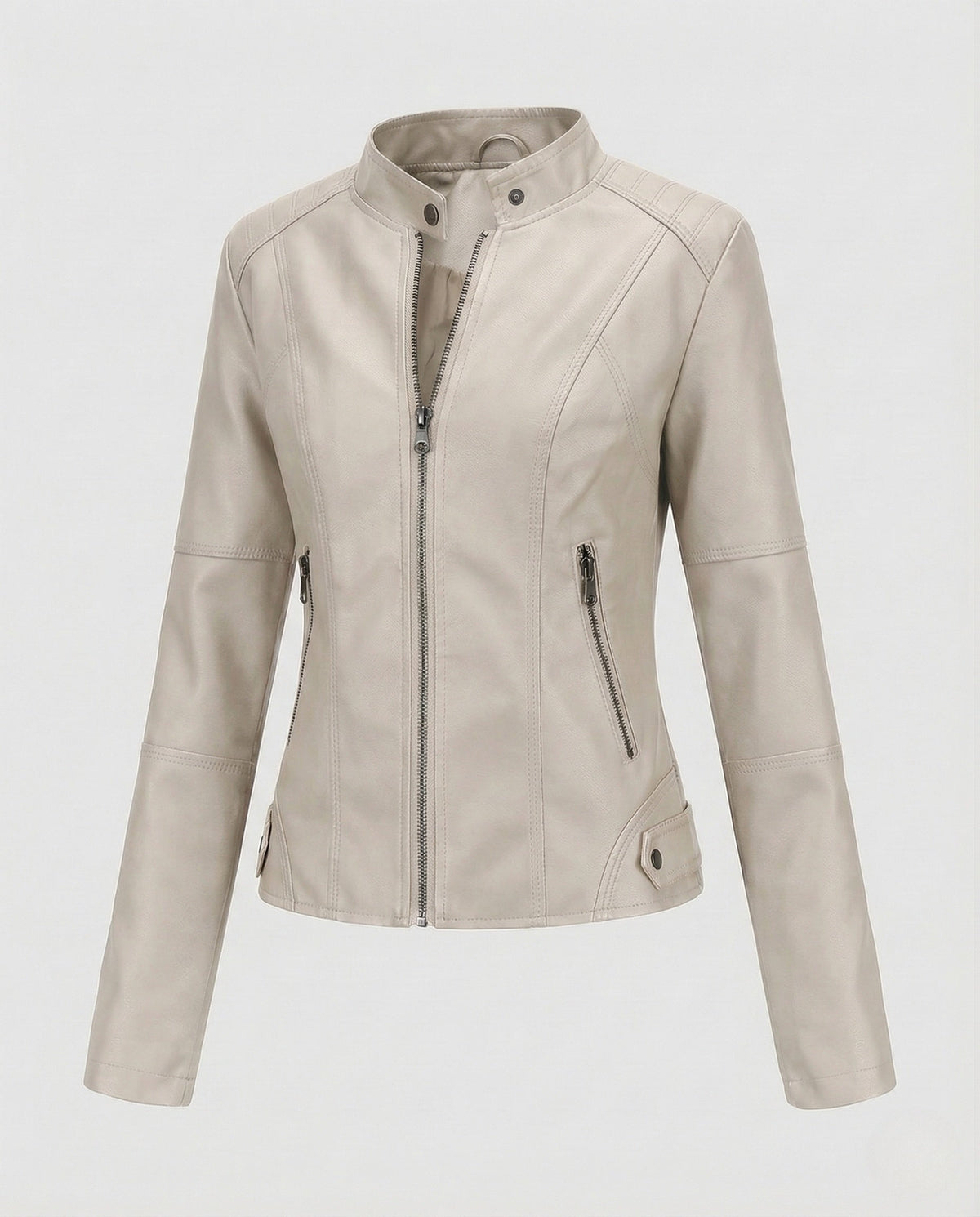 Chaqueta entallada de cuero sintético para mujer, con cuello alto y bolsillos con cremallera – prenda corta para primavera y otoño