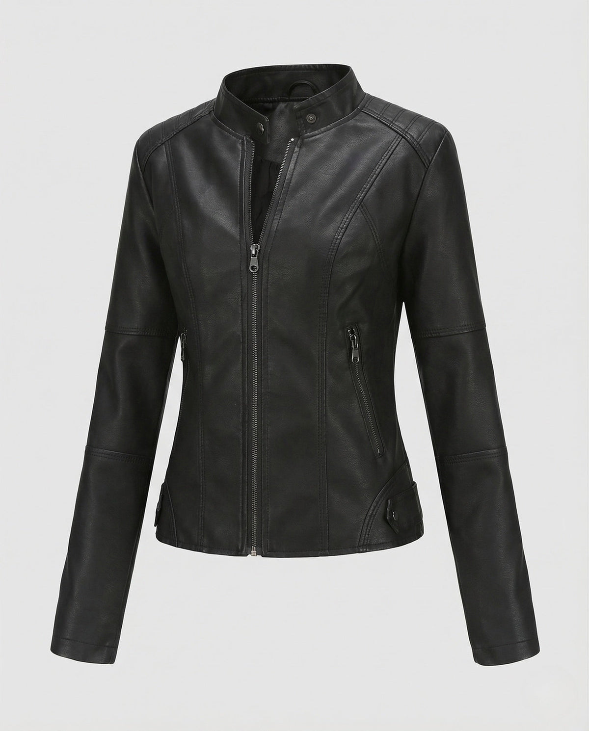 Chaqueta entallada de cuero sintético para mujer, con cuello alto y bolsillos con cremallera – prenda corta para primavera y otoño