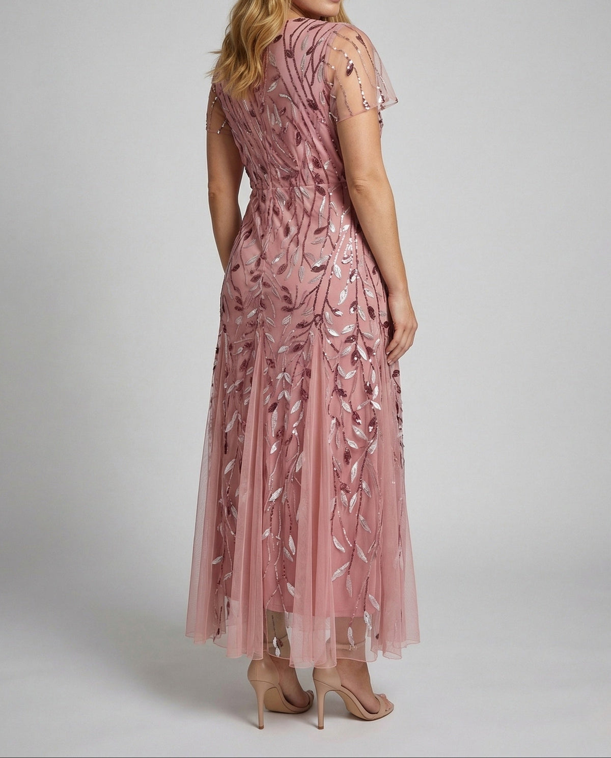 Abito lungo da donna in tulle con paillettes e maniche corte trasparenti – Elegante, ideale per matrimoni e serate speciali