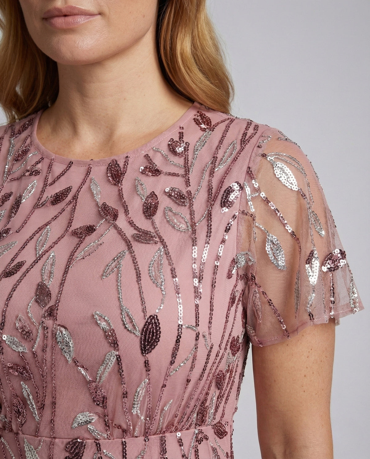 Abito lungo da donna in tulle con paillettes e maniche corte trasparenti – Elegante, ideale per matrimoni e serate speciali