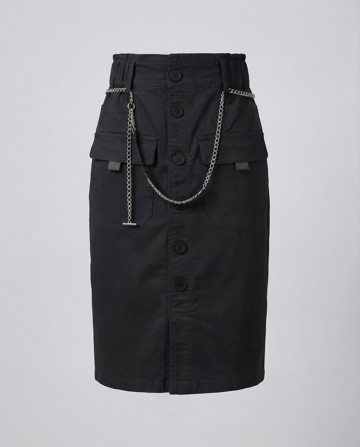 Жіноча спідниця-карго з високою посадкою, ґудзиками спереду та ланцюжком – модель до коліна в утилітарному стилі для повсякденних образів