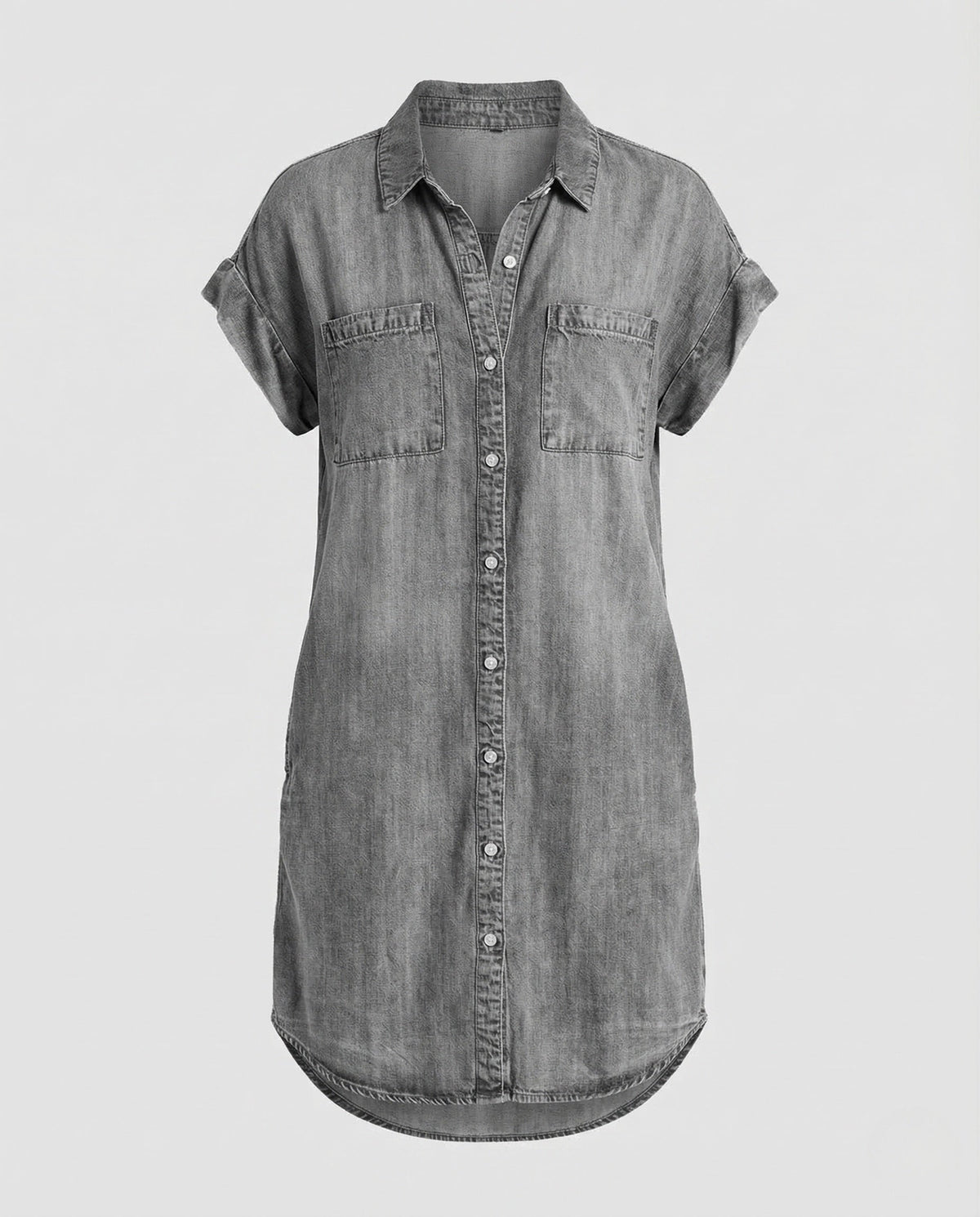 Abito chemisier in denim da donna dal taglio morbido con tasche sul petto – Abito casual a maniche corte con orlo arrotondato