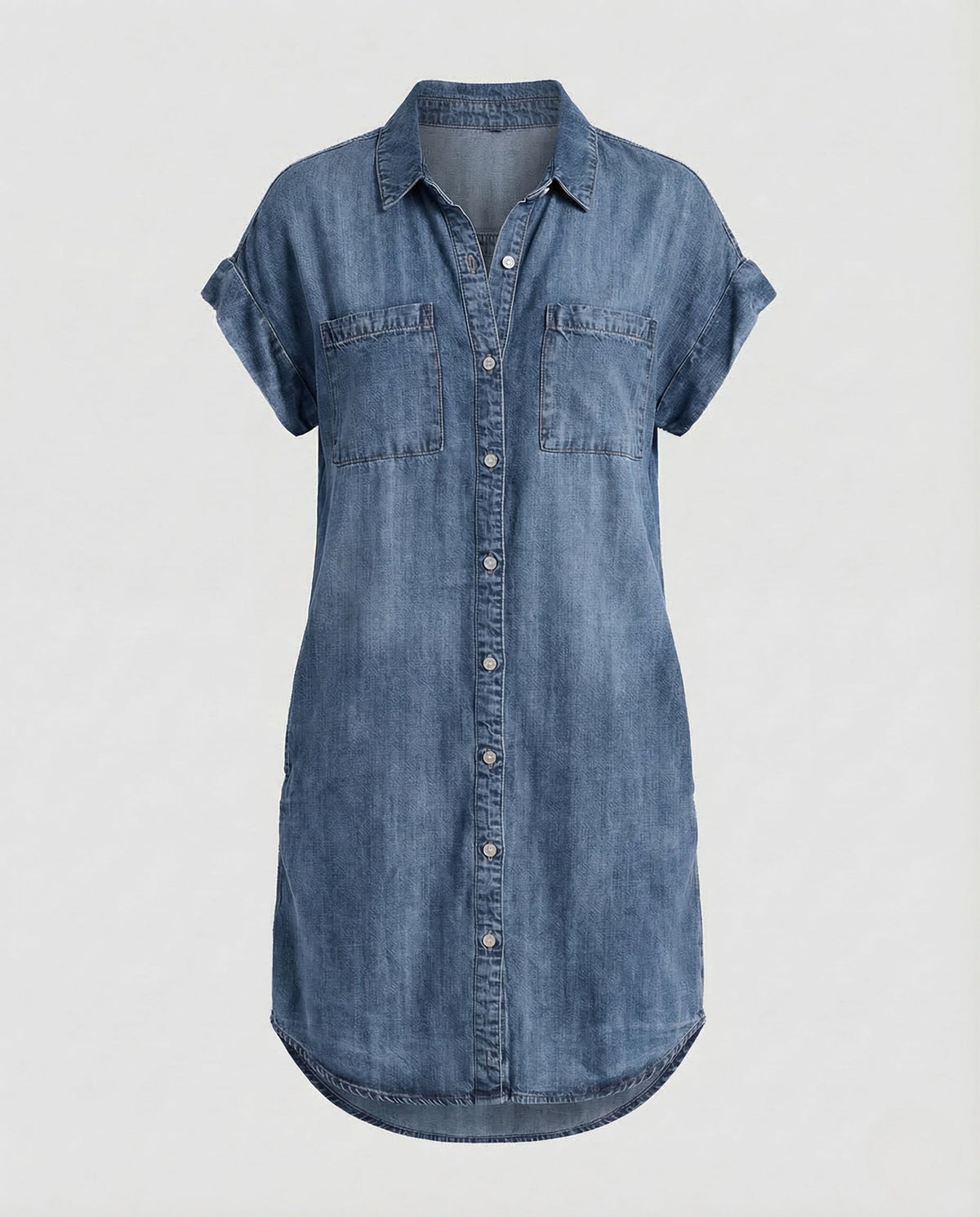 Abito chemisier in denim da donna dal taglio morbido con tasche sul petto – Abito casual a maniche corte con orlo arrotondato