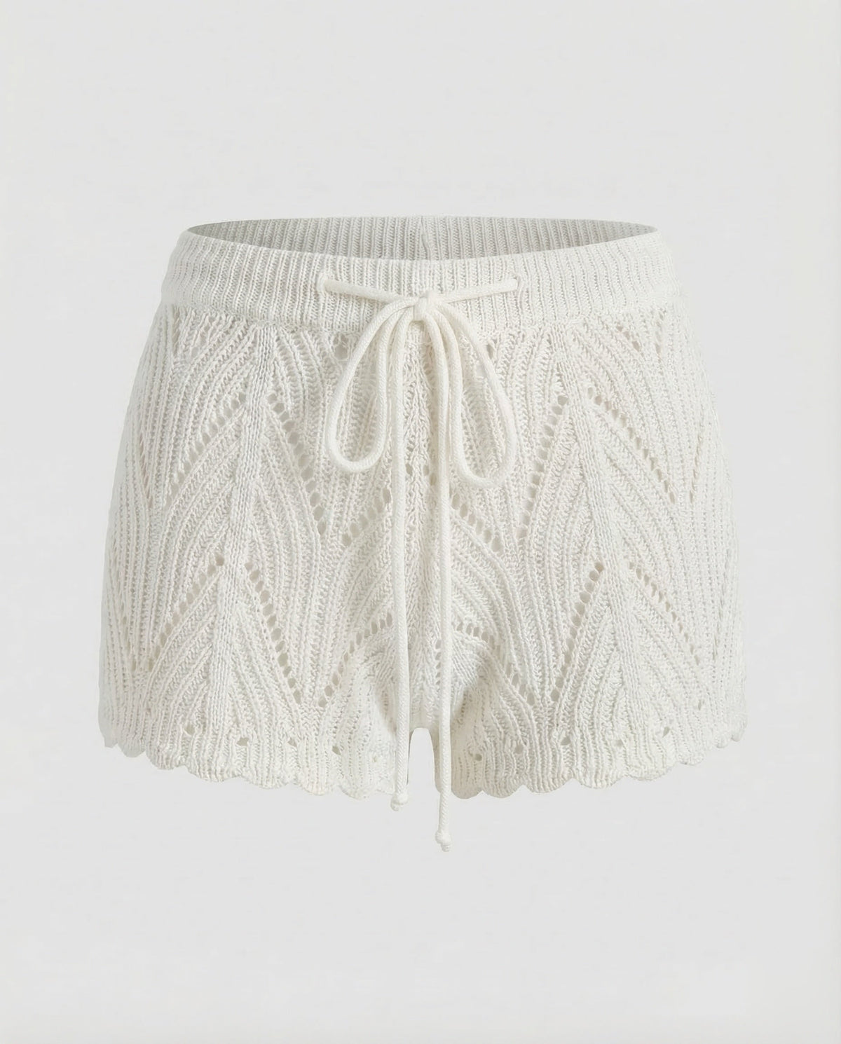 Women’s Openwork Knit Beach Shorts with Drawstring Waist and Scalloped Hems – Relaxed Summer Cover-Up for Poolside and Holidays