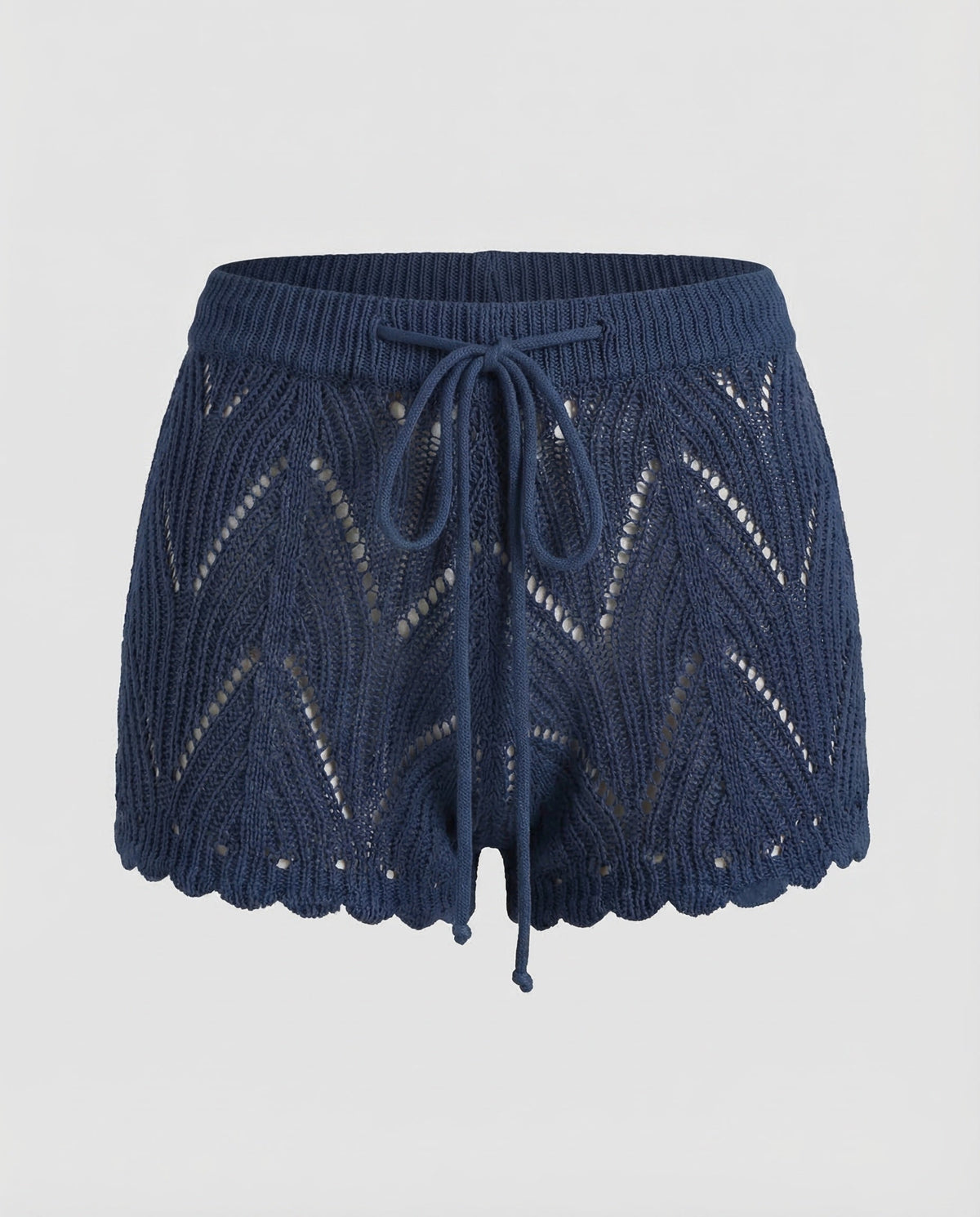 Women’s Openwork Knit Beach Shorts with Drawstring Waist and Scalloped Hems – Relaxed Summer Cover-Up for Poolside and Holidays