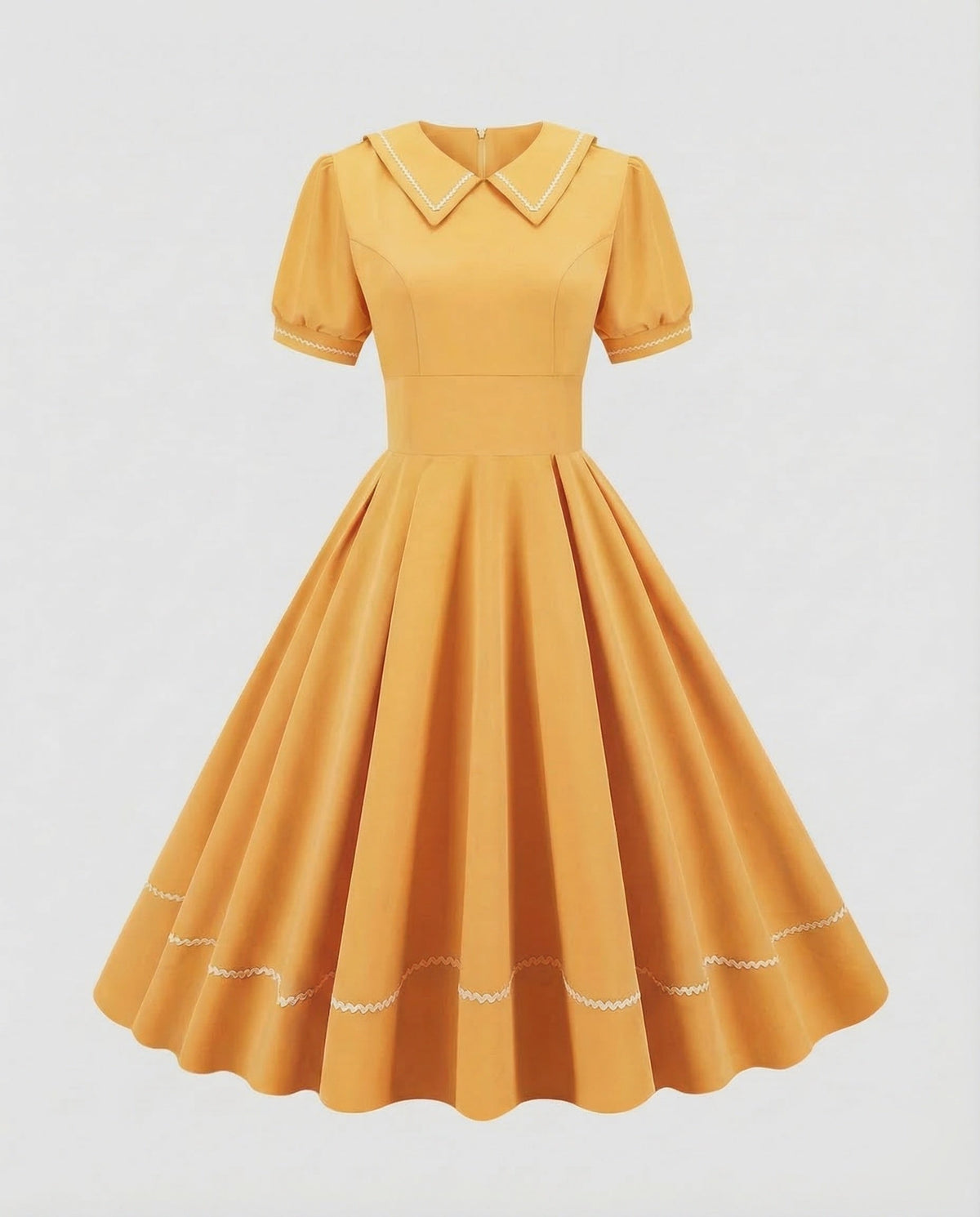 Schwingendes Kleid für Damen im Vintage-Stil mit spitzem Kragen und Puffärmeln – tailliert mit weitem Rock für Partys und besondere Anlässe