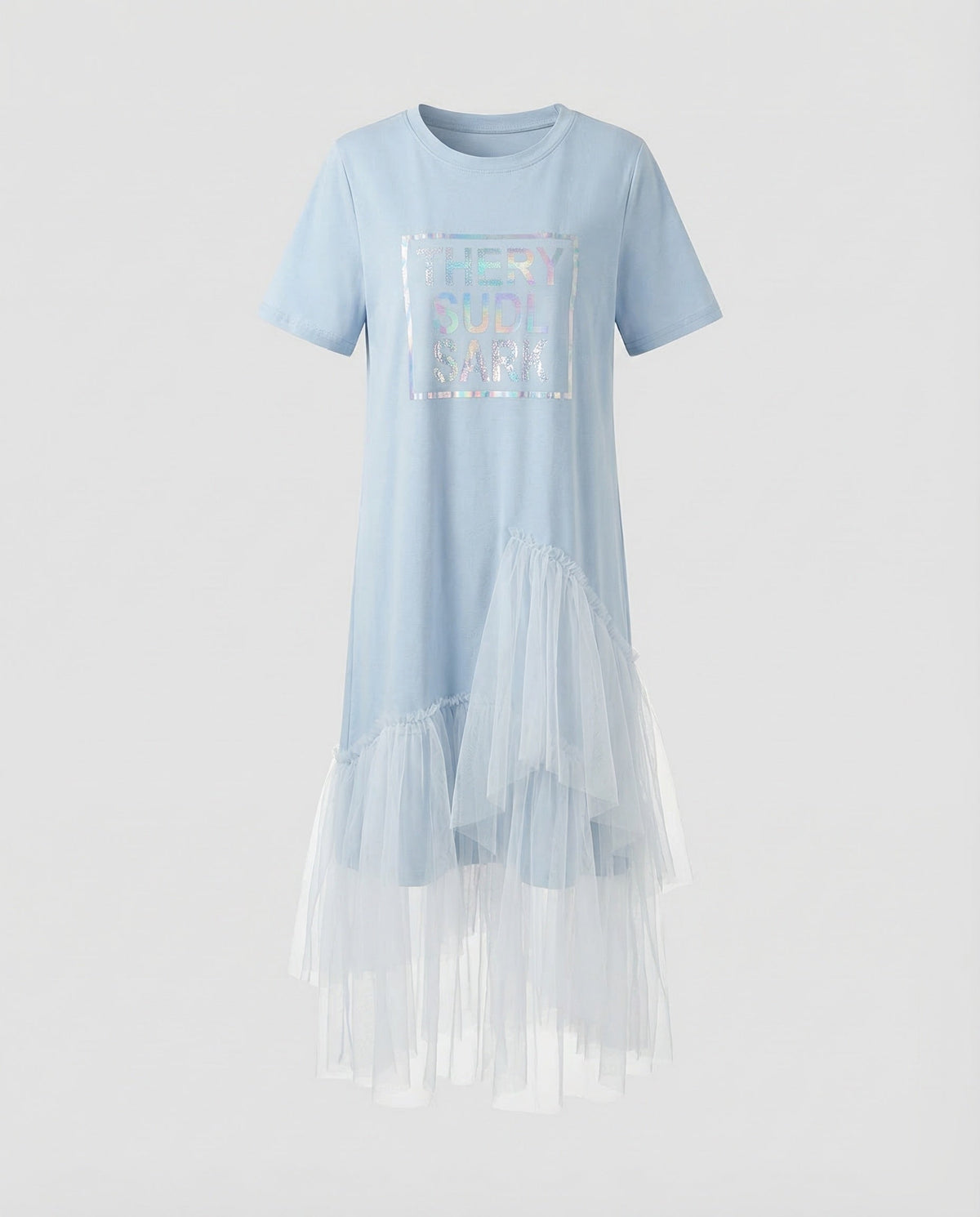 Women’s Printed T-Shirt Dress with Asymmetric Tiered Tulle Hem – Relaxed Short Sleeve Style for Summer Weekends and Casual Outings