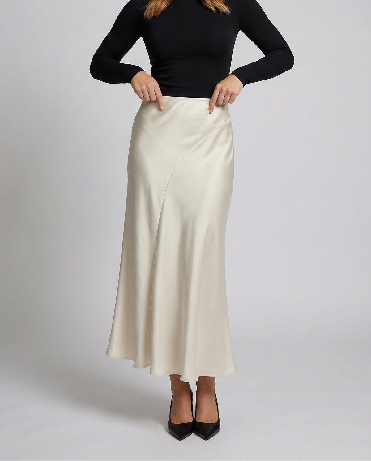 Maxirock aus Satin für Damen mit geschwungenen Einsätzen – Hoch geschnittener, fließender ausgestellter Rock für Abendgarderobe und elegante Freizeitlooks