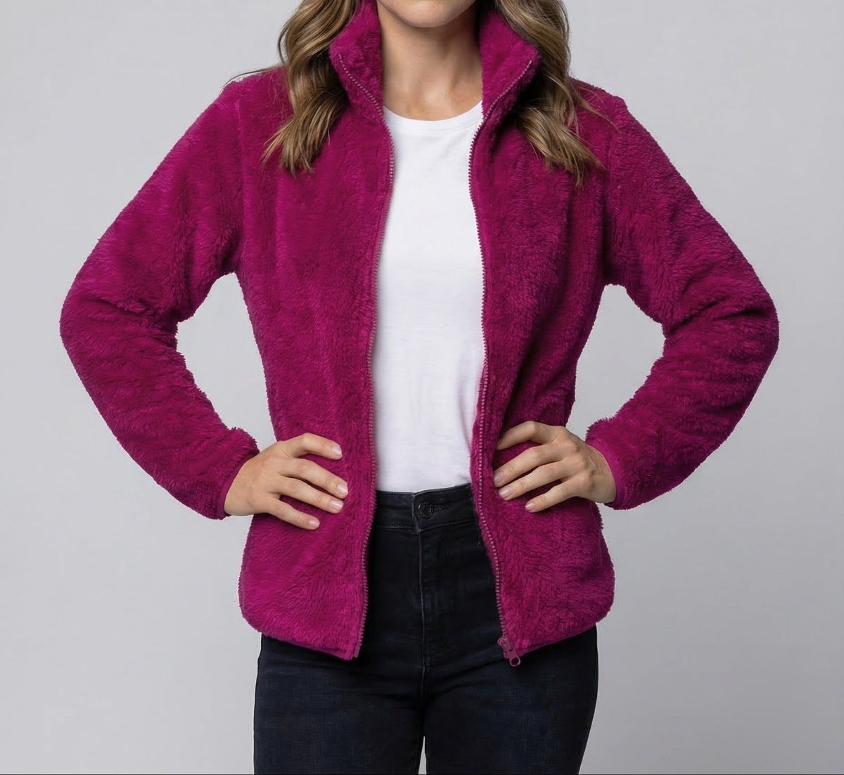 Plüschige Fleecejacke für Damen mit hohem Stehkragen und durchgehendem Reißverschluss – lässige, hüftlange Schicht für den Herbst und kühlere Tage