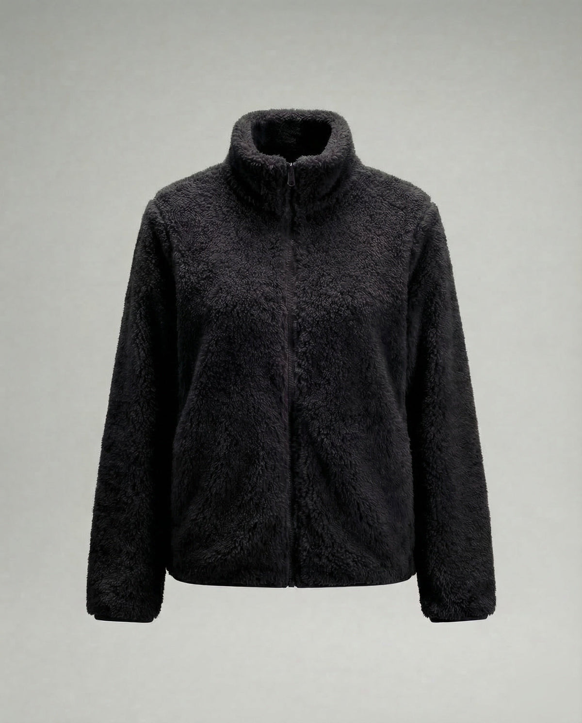 Plüschige Fleecejacke für Damen mit hohem Stehkragen und durchgehendem Reißverschluss – lässige, hüftlange Schicht für den Herbst und kühlere Tage