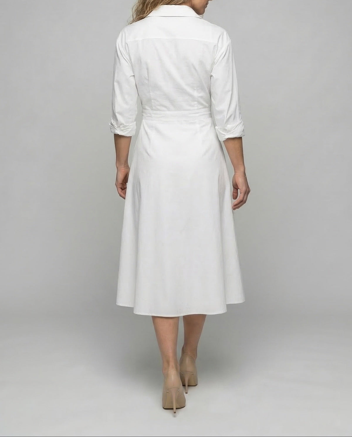 Midi-Hemdkleid für Damen mit Kragen, Wickeloptik am Oberteil und betonter Taille – A-Linien-Stil mit hochkrempelbaren Ärmeln fürs Büro und tagsüber