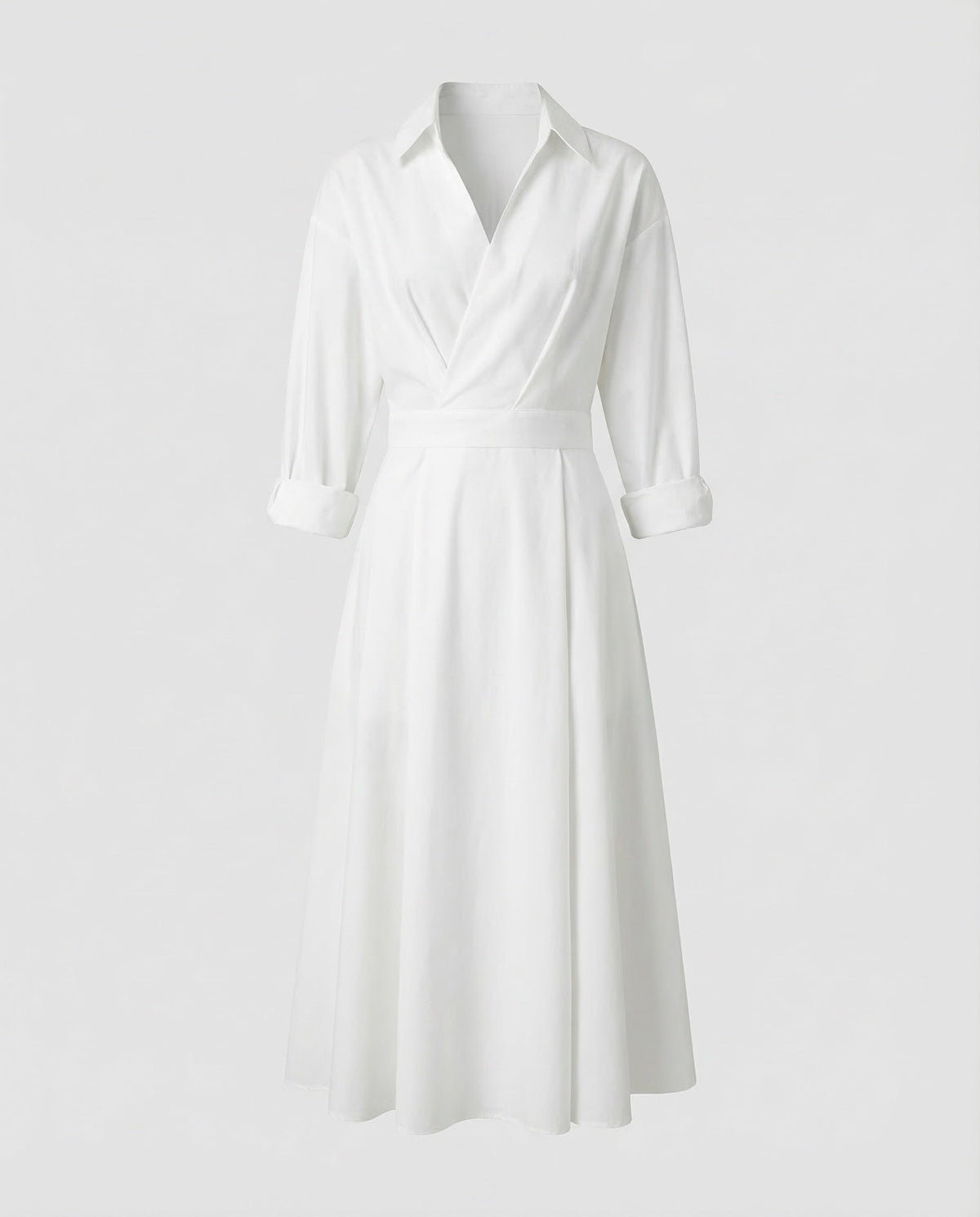 Midi-Hemdkleid für Damen mit Kragen, Wickeloptik am Oberteil und betonter Taille – A-Linien-Stil mit hochkrempelbaren Ärmeln fürs Büro und tagsüber