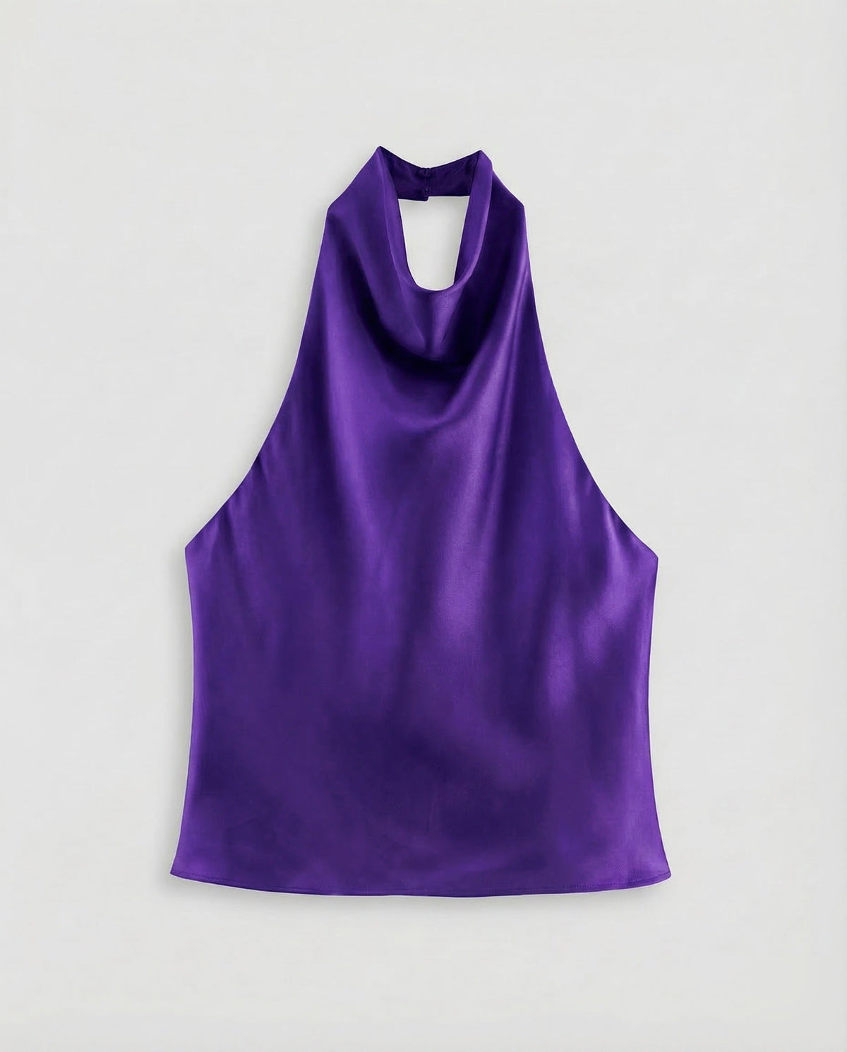 Blusa de cetim com decote halter para mulher, com decote drapeado – modelo fluido sem mangas para encontros ao jantar e looks elegantes de noite