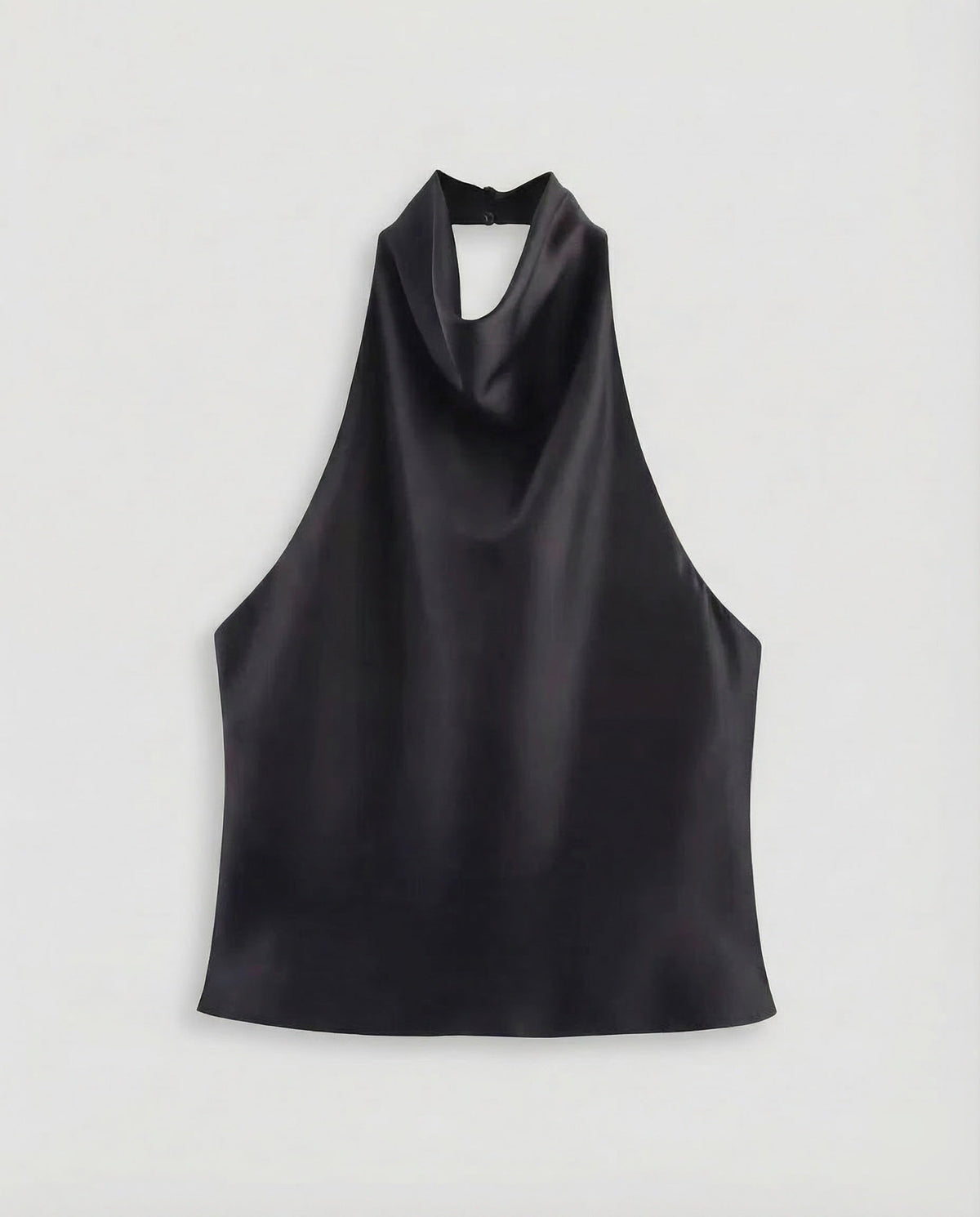 Blusa de cetim com decote halter para mulher, com decote drapeado – modelo fluido sem mangas para encontros ao jantar e looks elegantes de noite