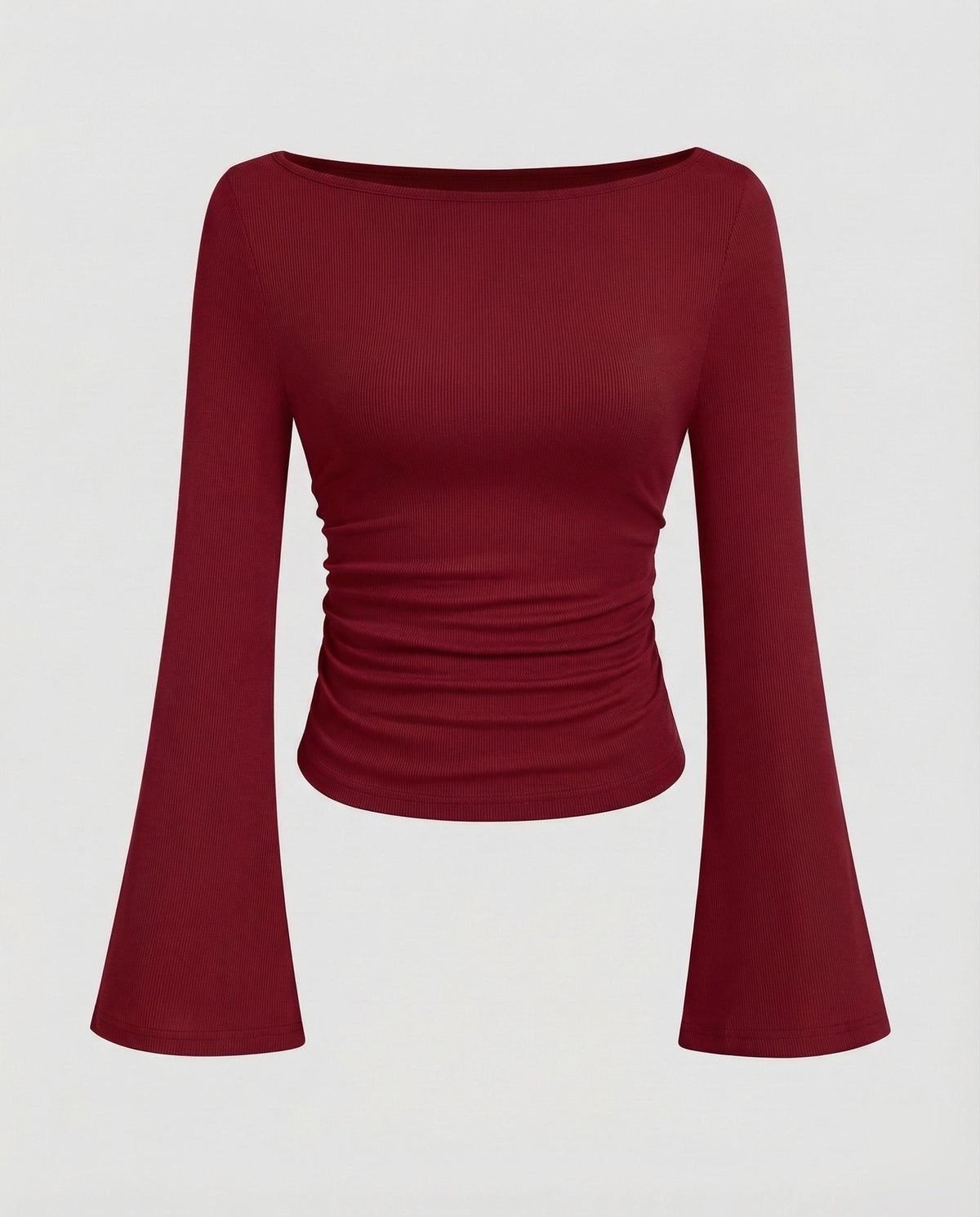 Figurbetontes Oberteil für Damen mit U-Boot-Ausschnitt, ausgestellten Trompetenärmeln und seitlicher Raffung – Eleganter Langarmstil für Arbeit und Abendoutfits