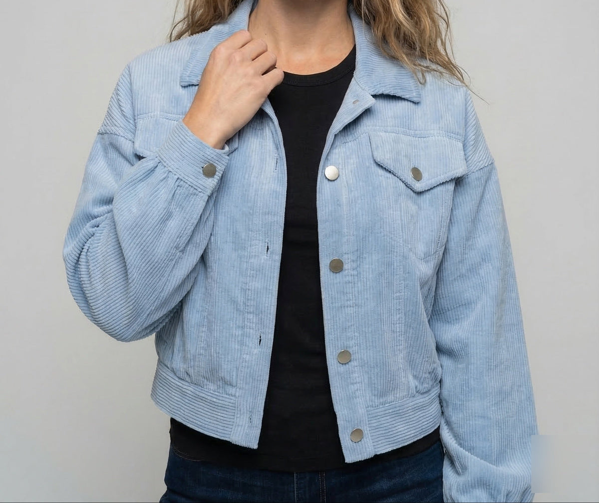 Chaqueta corta de pana para mujer, mangas abullonadas y bolsillos de solapa en el pecho – Prenda holgada con cuello, ideal para el otoño y los conjuntos elegantes informales