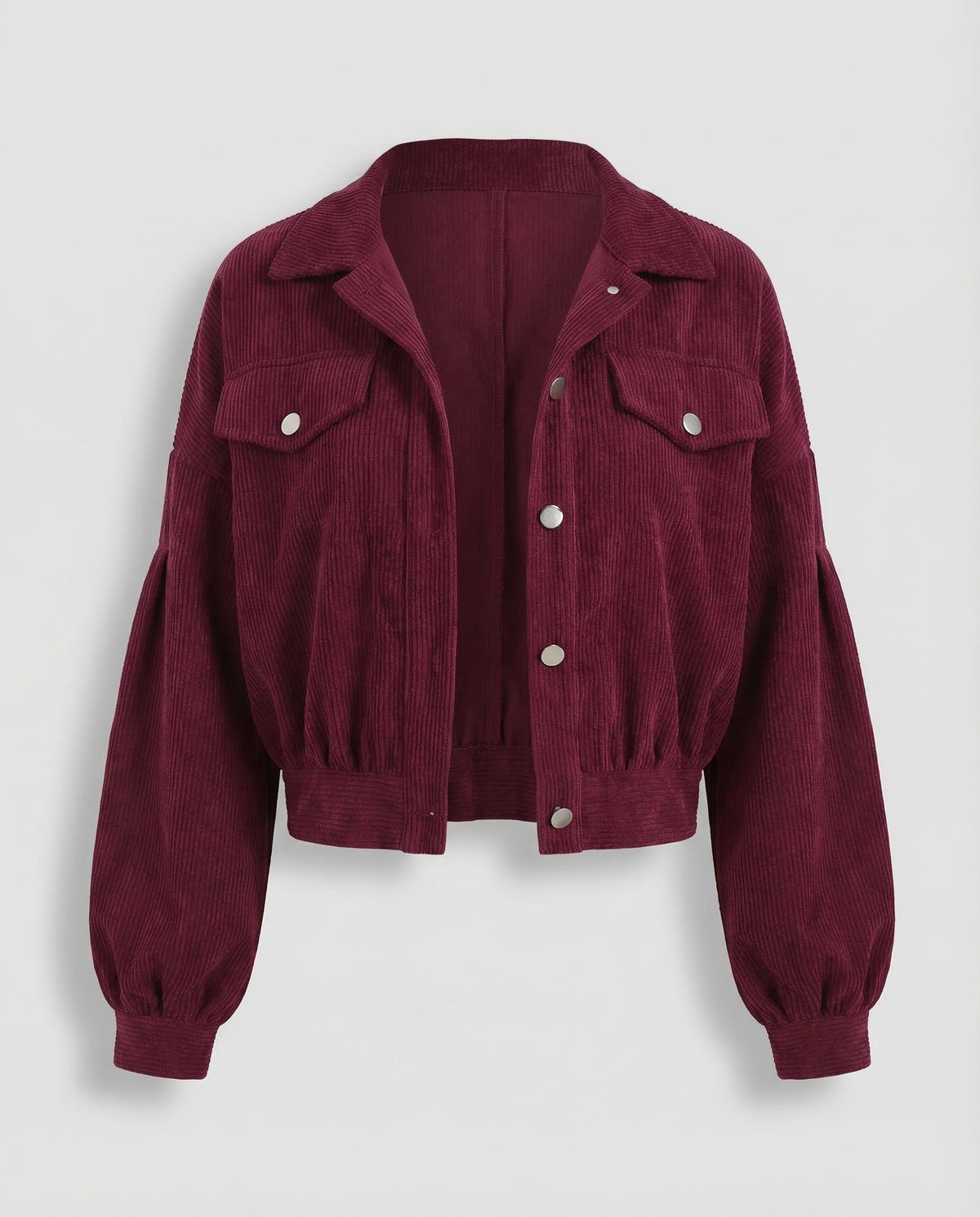 Chaqueta corta de pana para mujer, mangas abullonadas y bolsillos de solapa en el pecho – Prenda holgada con cuello, ideal para el otoño y los conjuntos elegantes informales