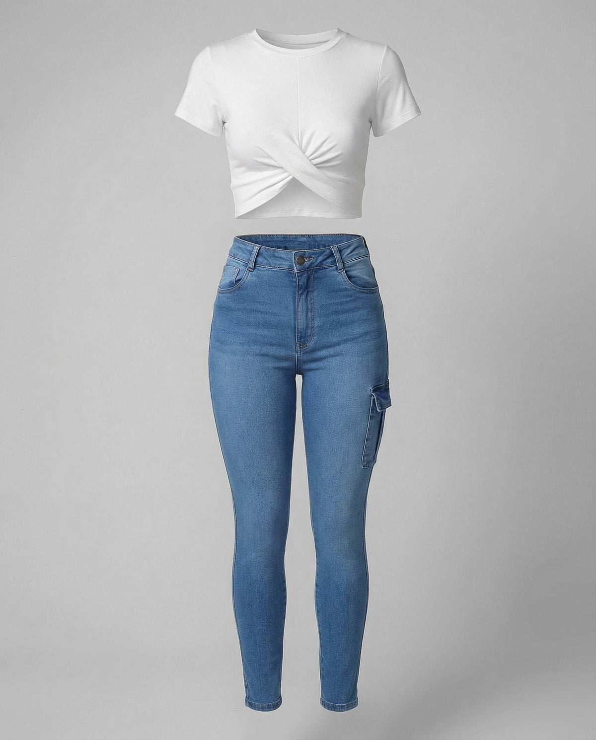 Jeans cargo justos de cintura subida para mulher, com bolsos com aba nas coxas – ganga justa pelo tornozelo, para conjuntos descontraídos e de fim de semana
