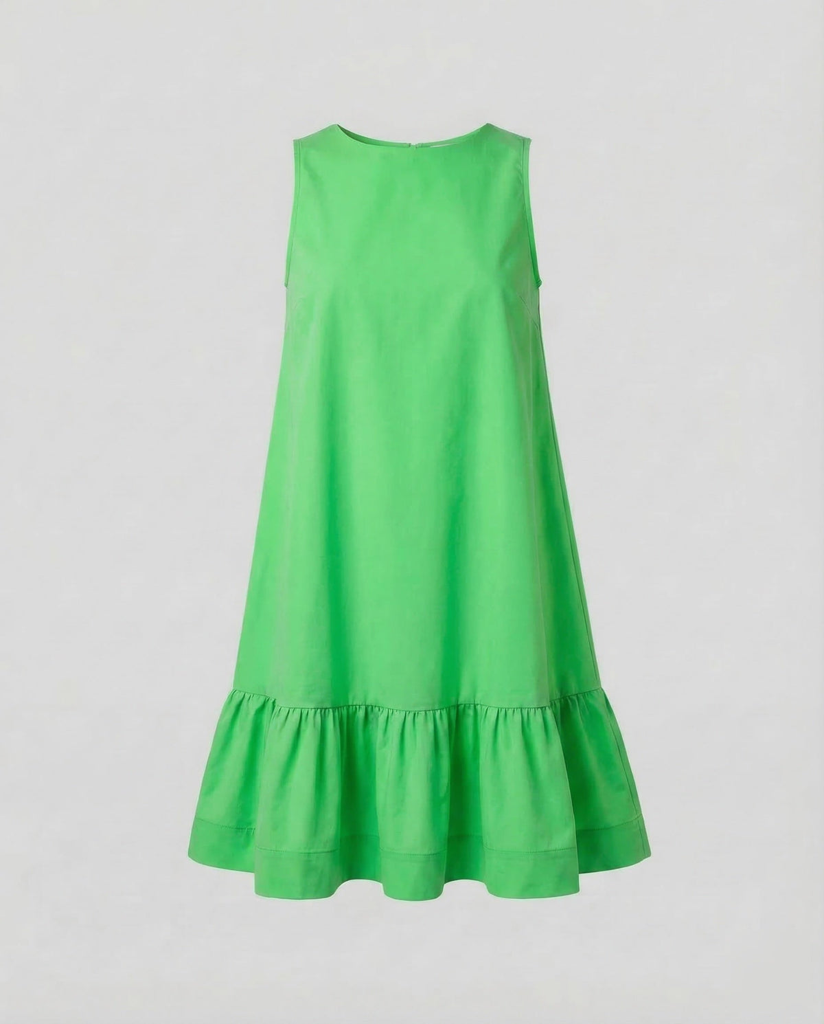 Women’s Sleeveless Mini Dress with Round Neckline and Gathered Frill Hem – Relaxed A-Line Style for Summer Days and Garden Parties