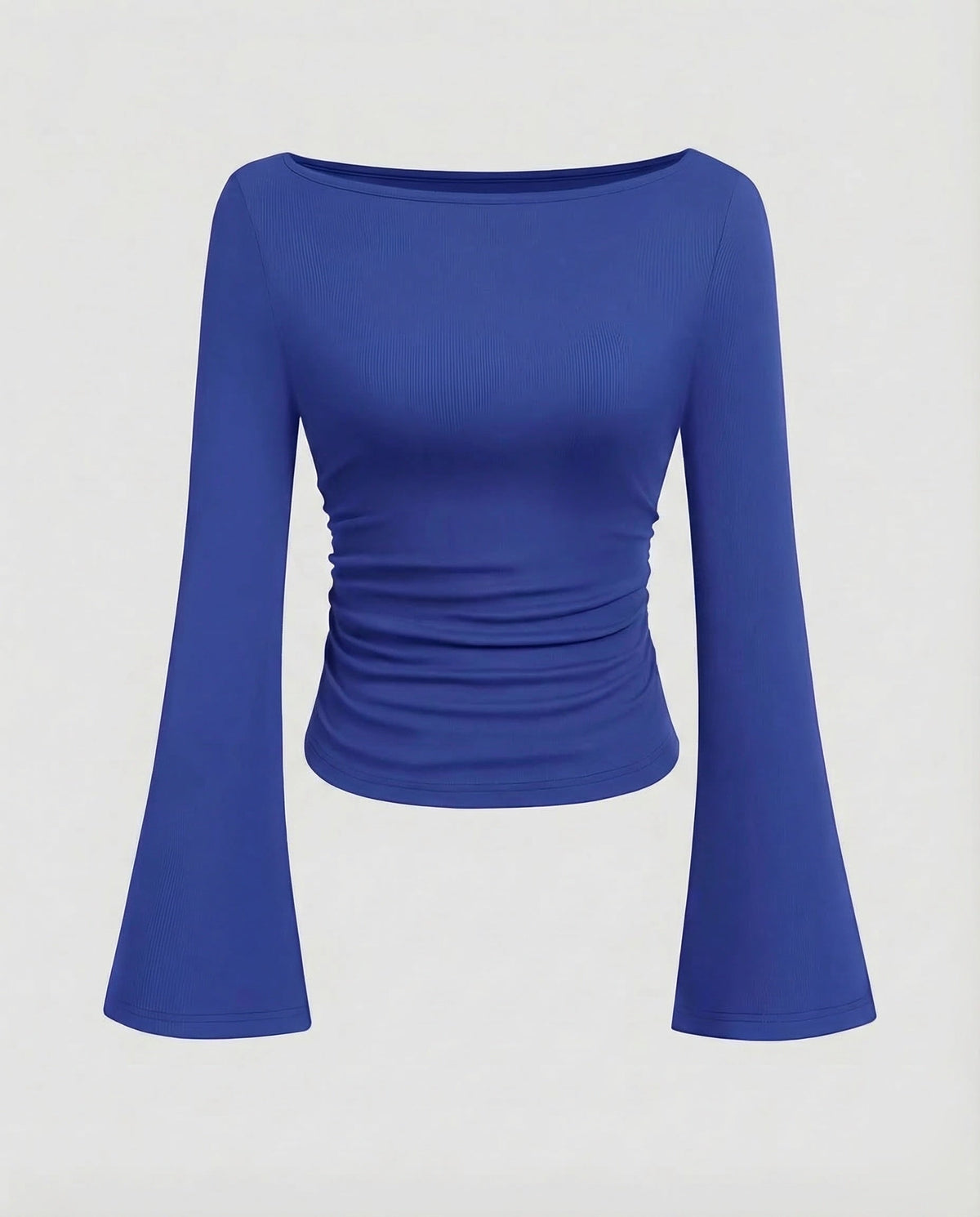 Damenoberteil mit U-Boot-Ausschnitt, geraffter Taille und ausgestellten langen Ärmeln – figurbetonter Schnitt für elegante Freizeitoutfits und Abendgarderobe