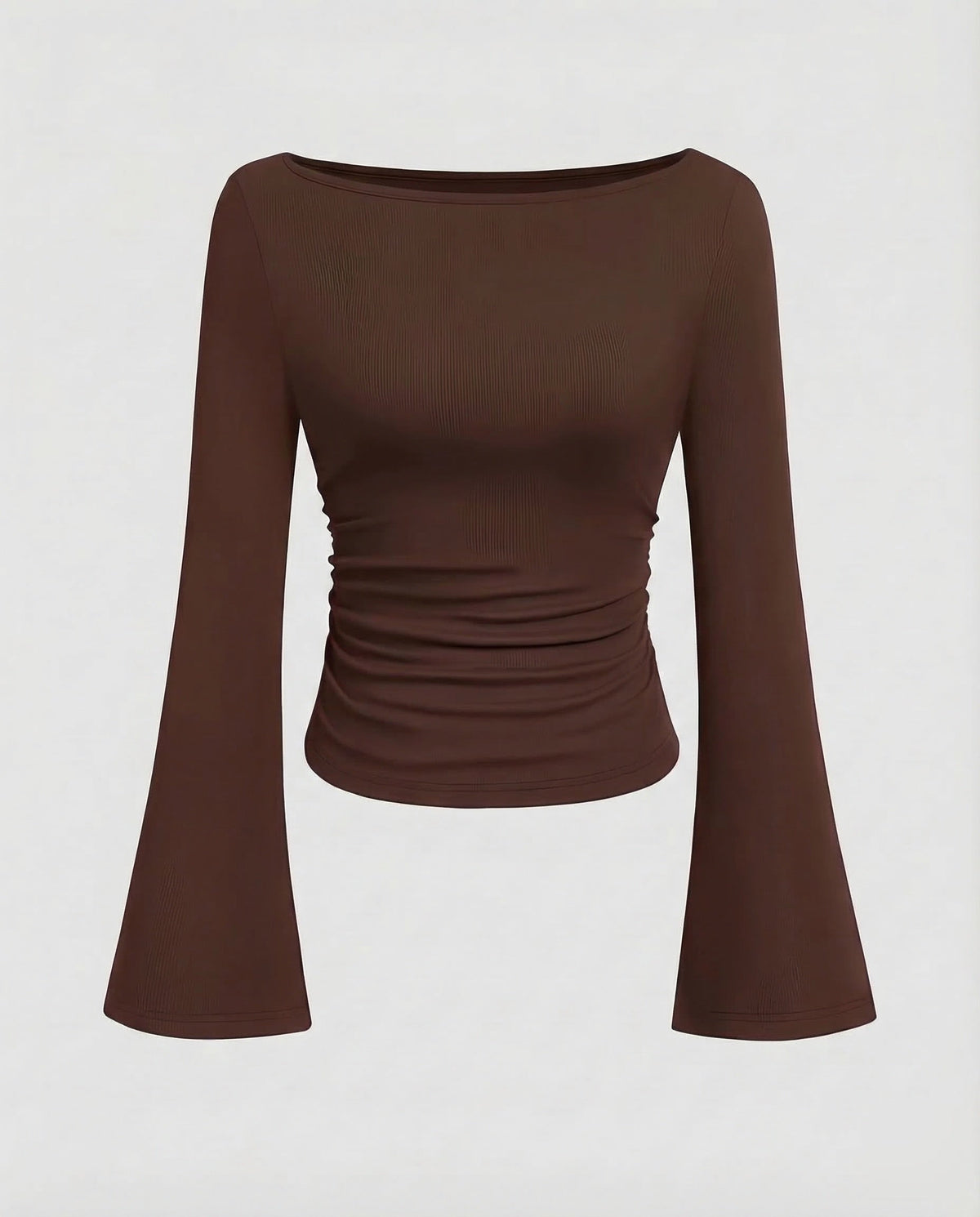 Damenoberteil mit U-Boot-Ausschnitt, geraffter Taille und ausgestellten langen Ärmeln – figurbetonter Schnitt für elegante Freizeitoutfits und Abendgarderobe