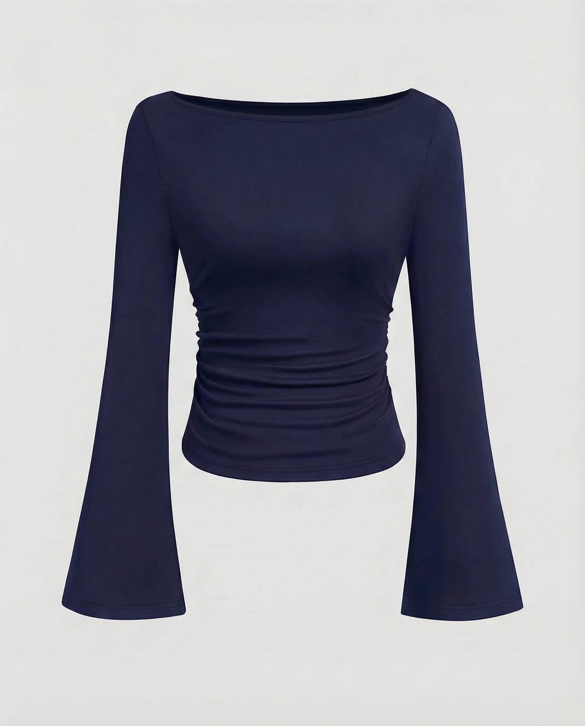 Damenoberteil mit U-Boot-Ausschnitt, geraffter Taille und ausgestellten langen Ärmeln – figurbetonter Schnitt für elegante Freizeitoutfits und Abendgarderobe