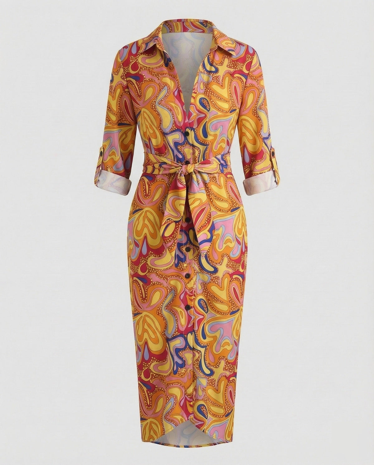 Robe chemise midi imprimée pour femme avec ceinture à nouer et manches retroussées - style à col pour le bureau et les sorties du week-end