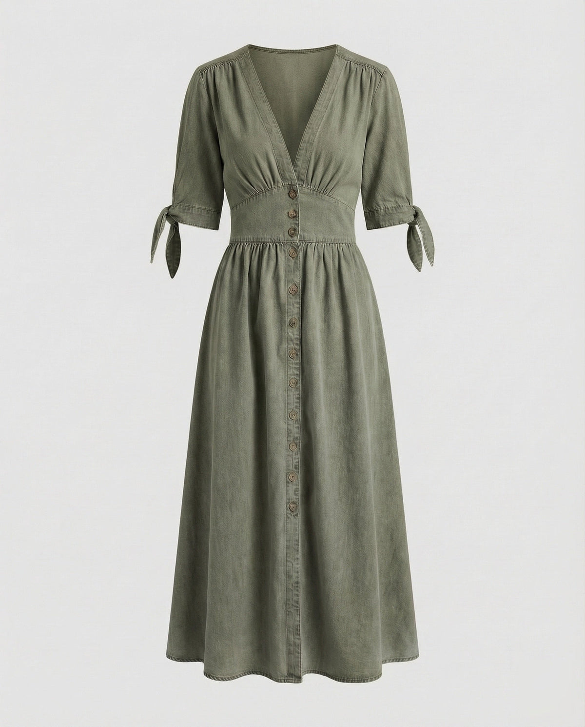 Vestido comprido de senhora com aspeto de ganga, decote em V e mangas com laços – modelo em linha A com cintura marcada e bolsos, para conjuntos casuais de verão