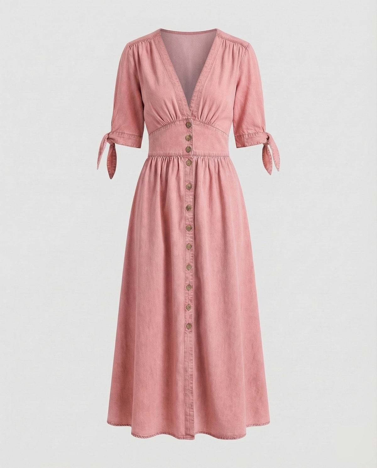Vestido comprido de senhora com aspeto de ganga, decote em V e mangas com laços – modelo em linha A com cintura marcada e bolsos, para conjuntos casuais de verão