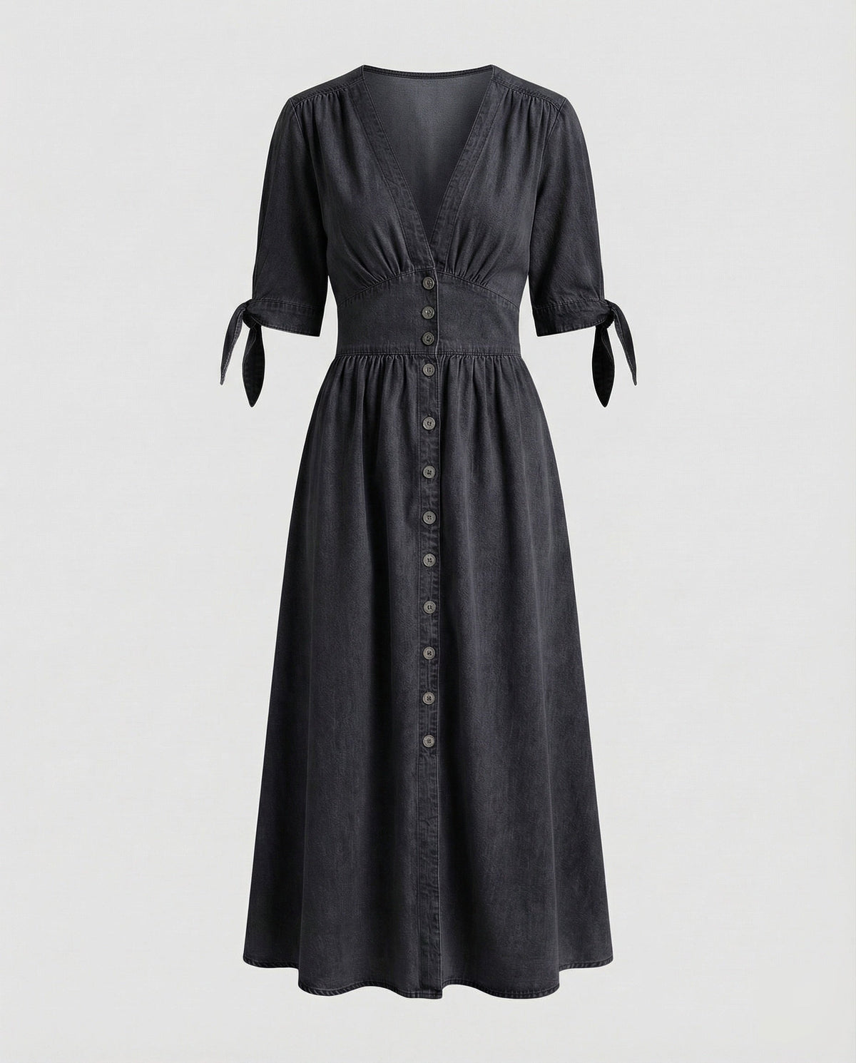 Vestido comprido de senhora com aspeto de ganga, decote em V e mangas com laços – modelo em linha A com cintura marcada e bolsos, para conjuntos casuais de verão