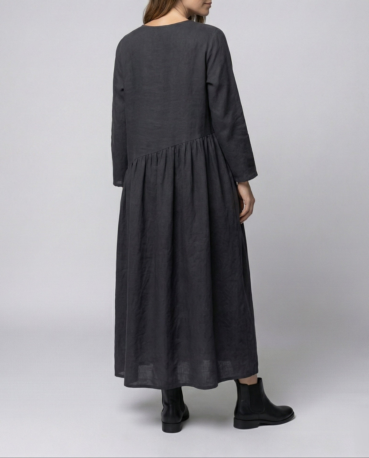 Vestido largo hasta el tobillo holgado para mujer, con escote redondo y costura fruncida asimétrica - Estilo holgado de manga larga para conjuntos informales de diario