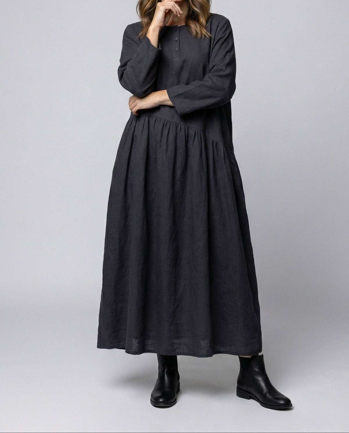 Vestido largo hasta el tobillo holgado para mujer, con escote redondo y costura fruncida asimétrica - Estilo holgado de manga larga para conjuntos informales de diario