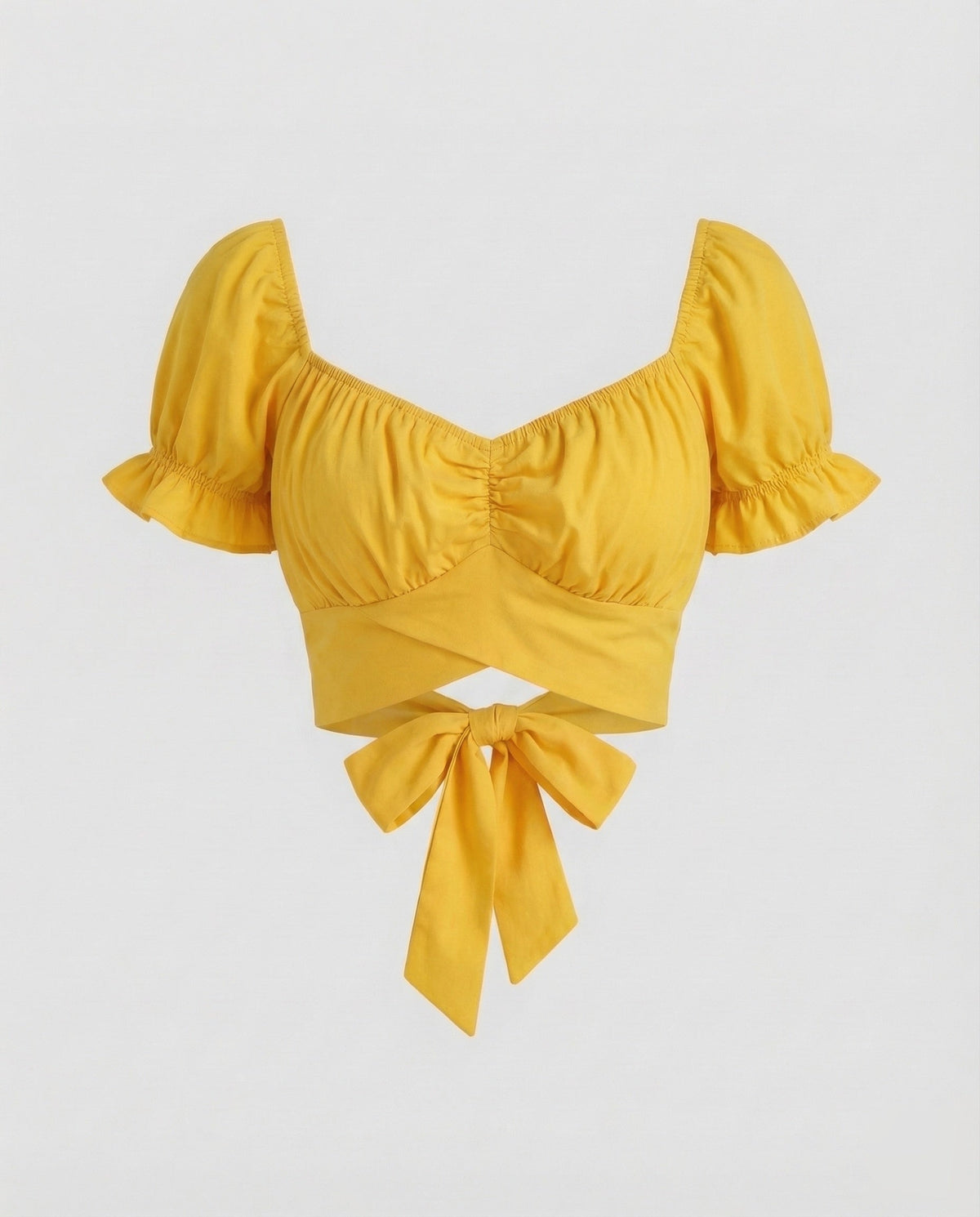 Blusa curta para mulher, com mangas balão, decote franzido e cintura cruzada – Modelo justo de verão para férias e noites casuais